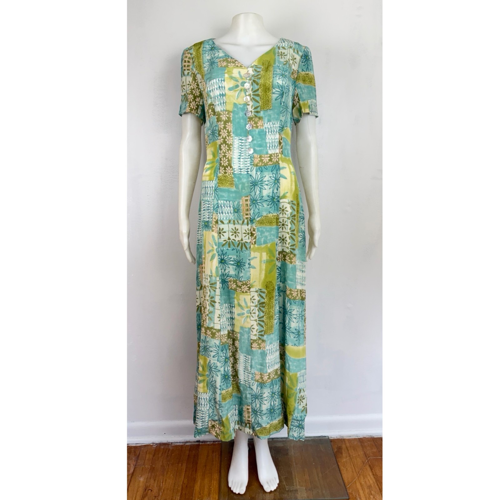 Vintage Patchwork Floral Print Silk Dress 90s Maggy London Green/Blue Maxi