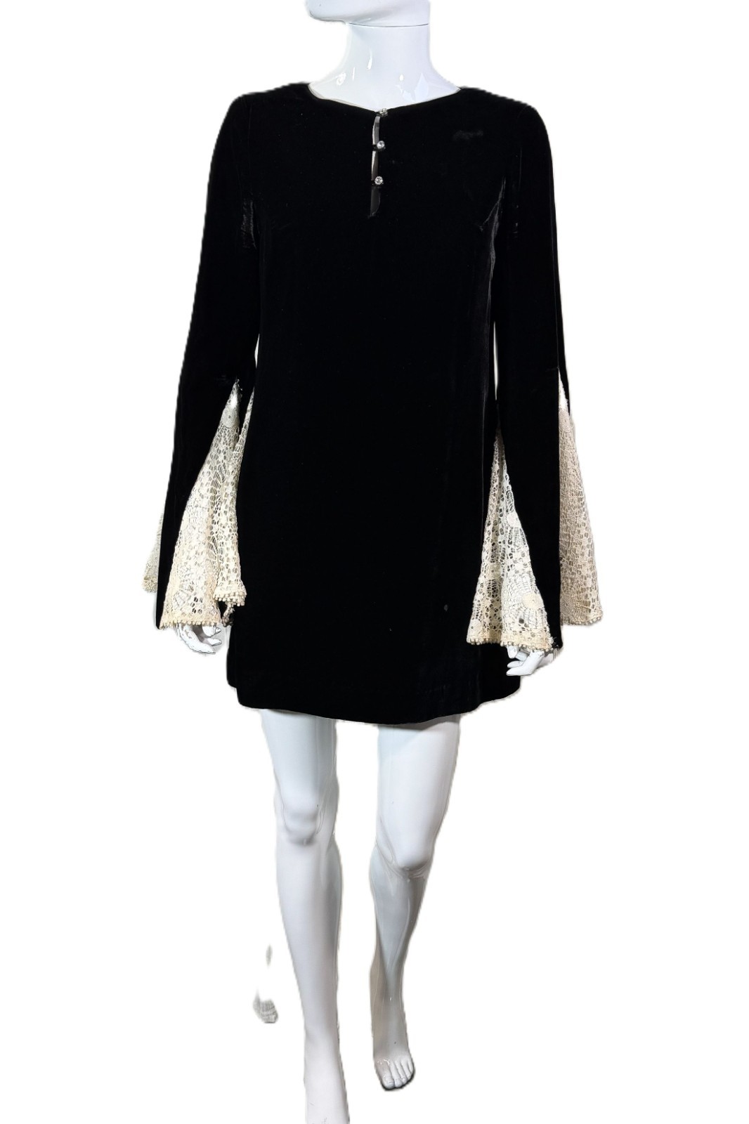 Vintage 60s Black Velvet Mini Dress Lace Angel Sleeve S