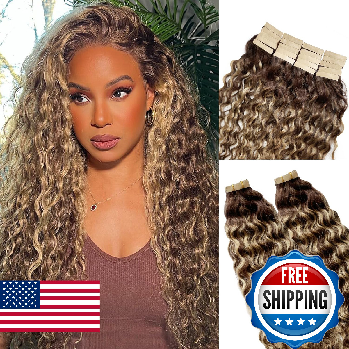 Water Wave Tape in Human Hair Extensions 20pcs 14 inch 50g Ombre Chocalate Brown