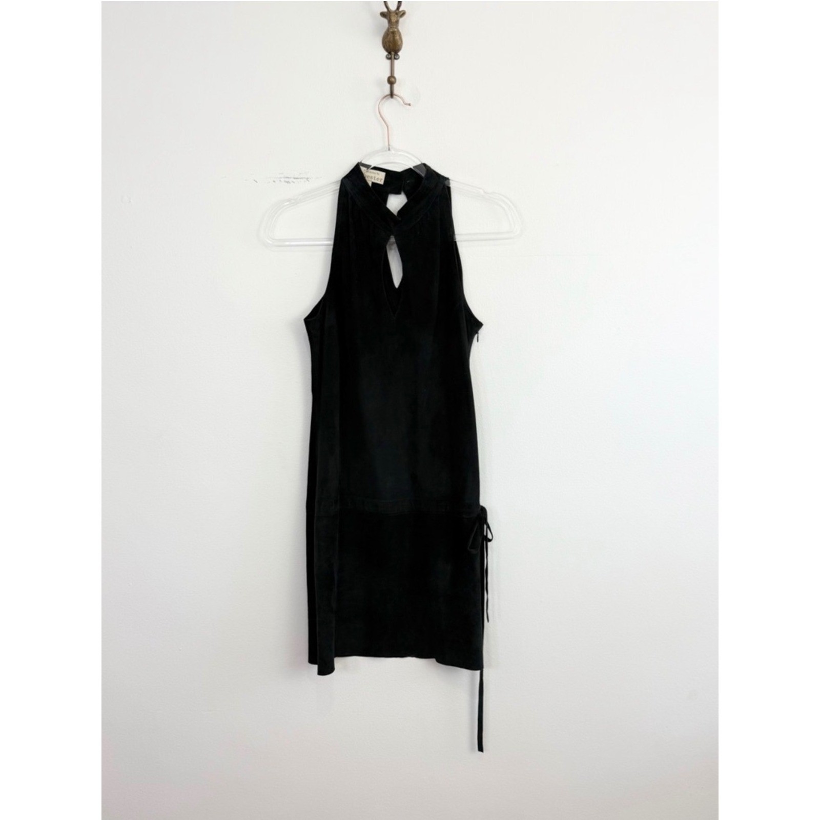 Vintage Chester Suede Dress Black Sleeveless Keyhole Mock Neck Mini Shift Size 6