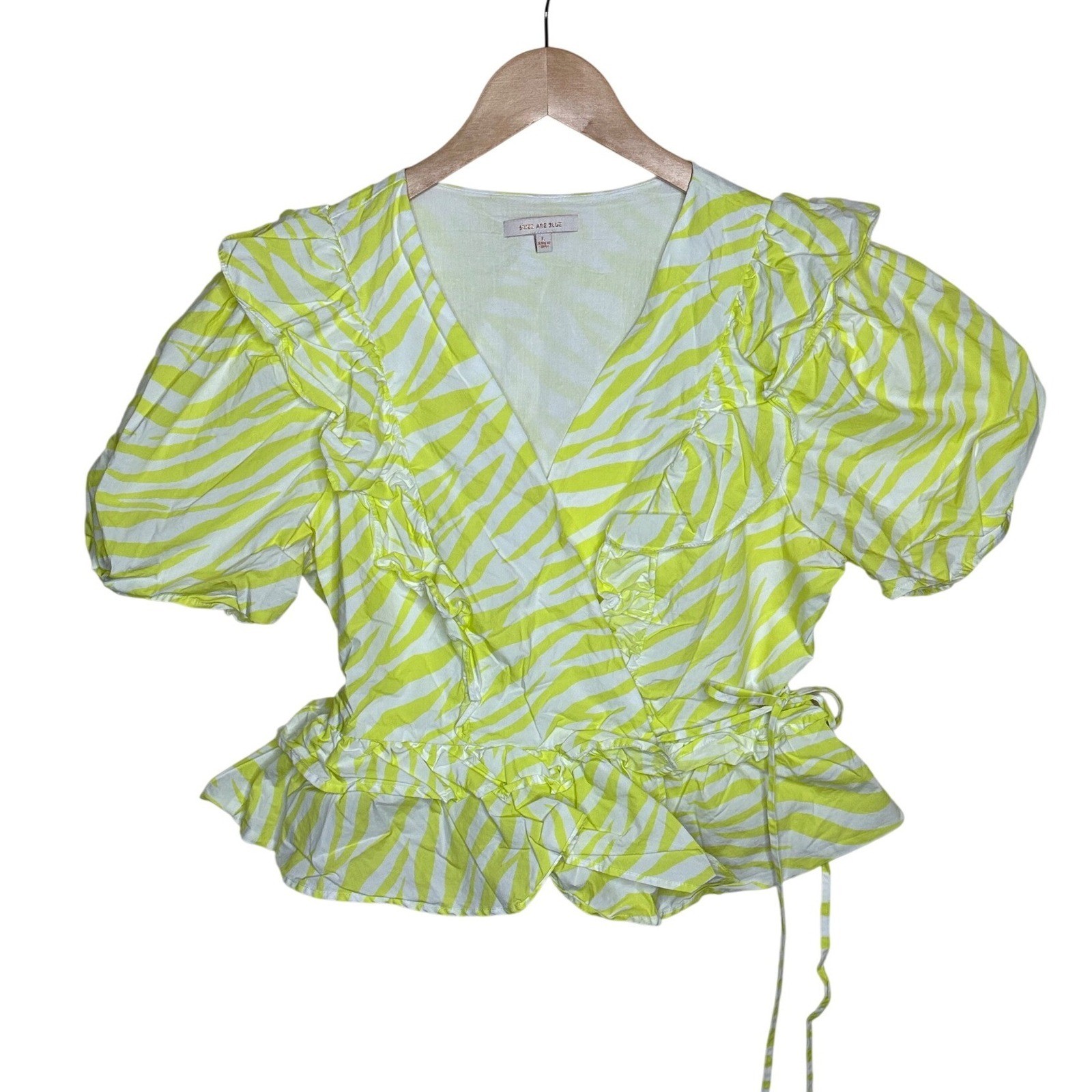 Skies Are Blue Zebra Print Peplum Overlap Top size Large Lime Yellow/White