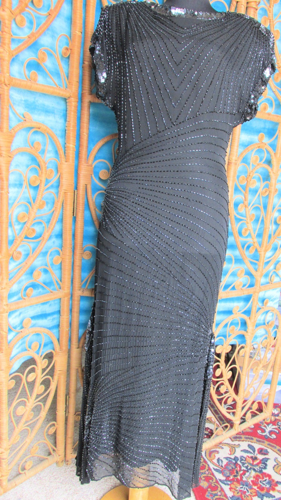 Vintage Para Black Silk Beaded Gown Sheath Keyhole Back Flared Hem SZ 10