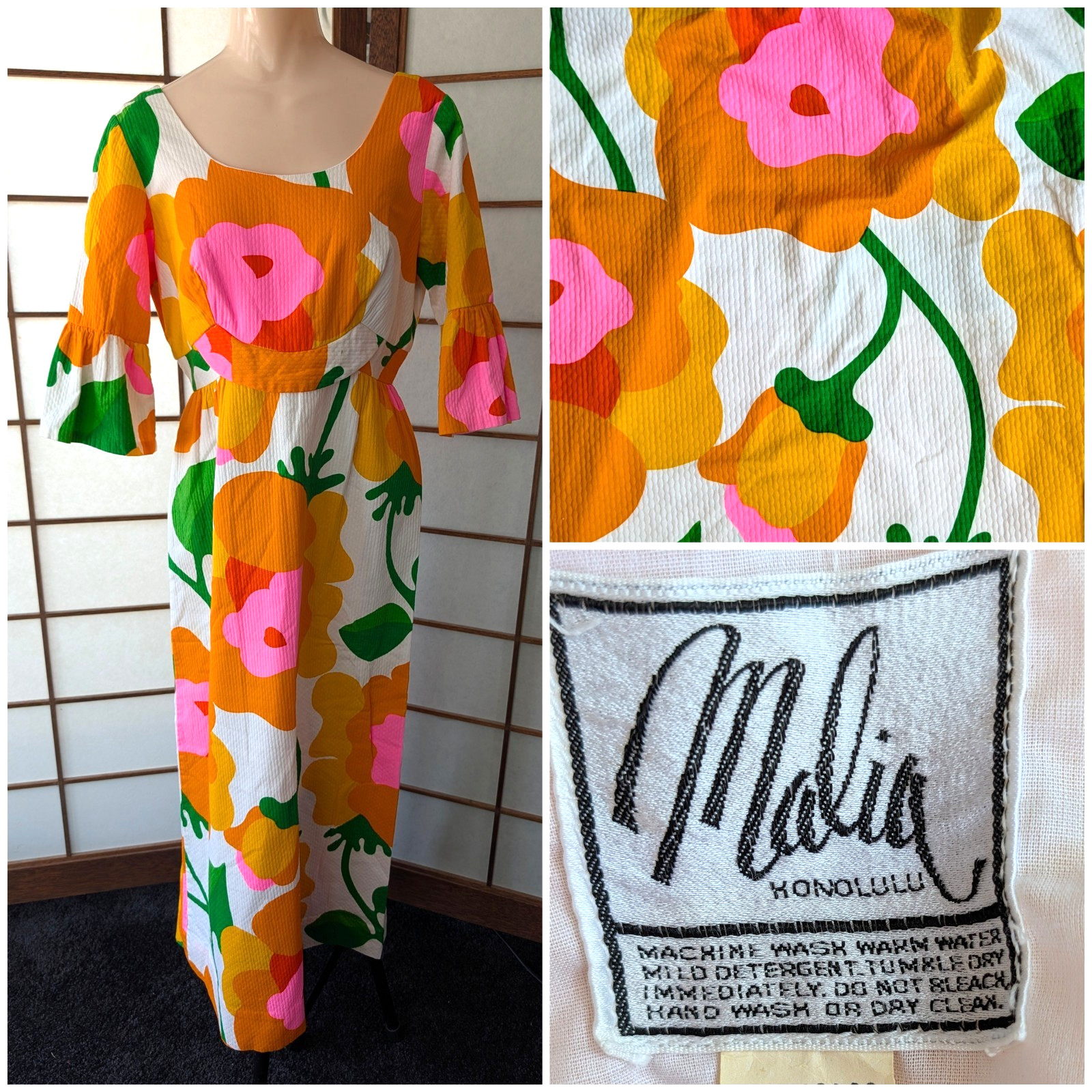 Vintage Malia Honolulu Hawaiian Maxi Dress Oversize Mod Floral Size M 1960s 70s