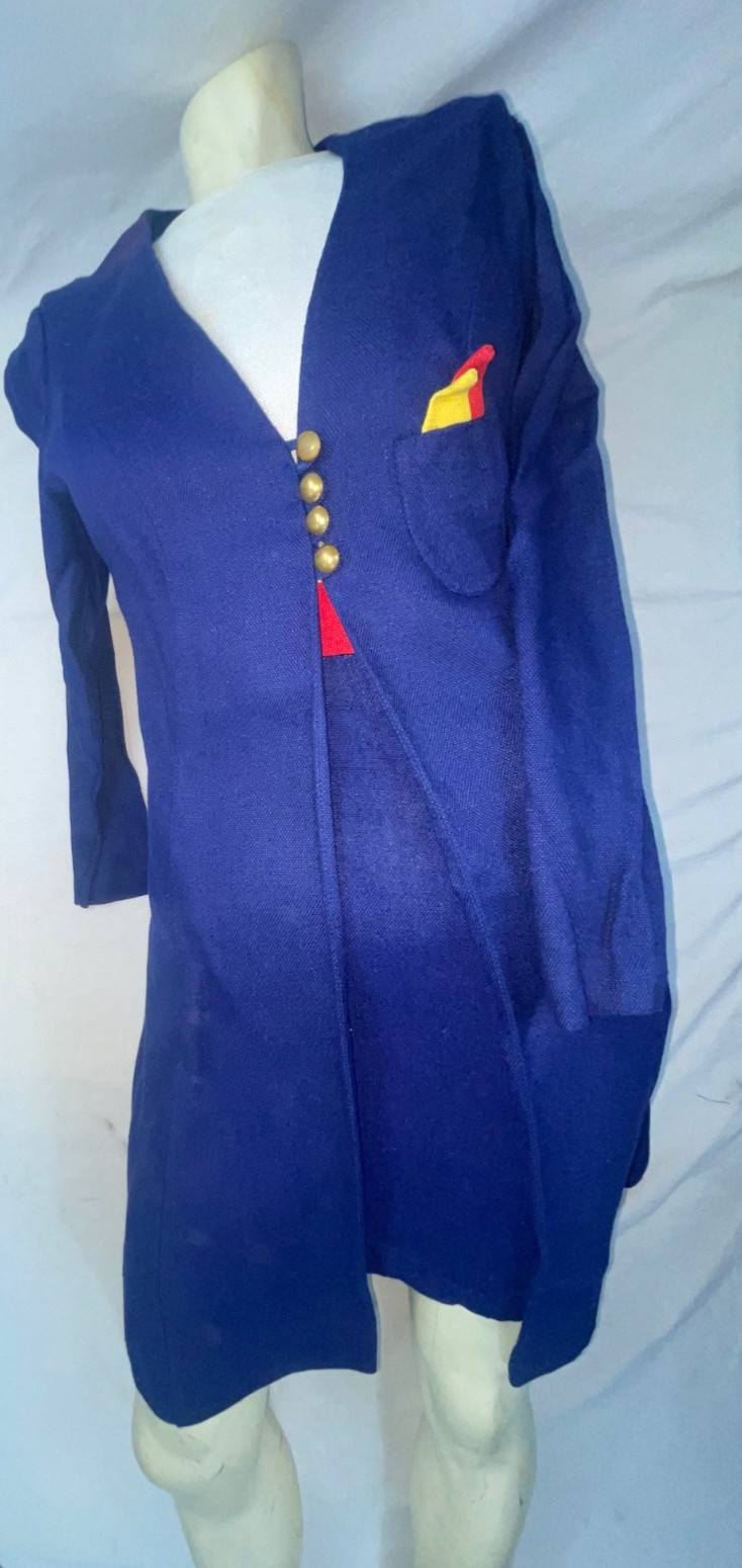 VTG 60S 70S WOMENS S BLUE WHITE RED YELLOW STRIPE DISCO MOD DRESS JACKET SET