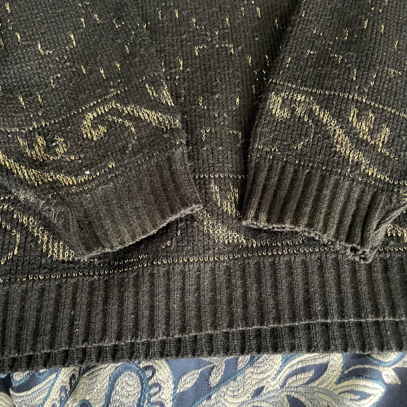 Vintage Black Gold Metallic Lurex Scroll Pattern Mock Neck Sweater Made in USA
