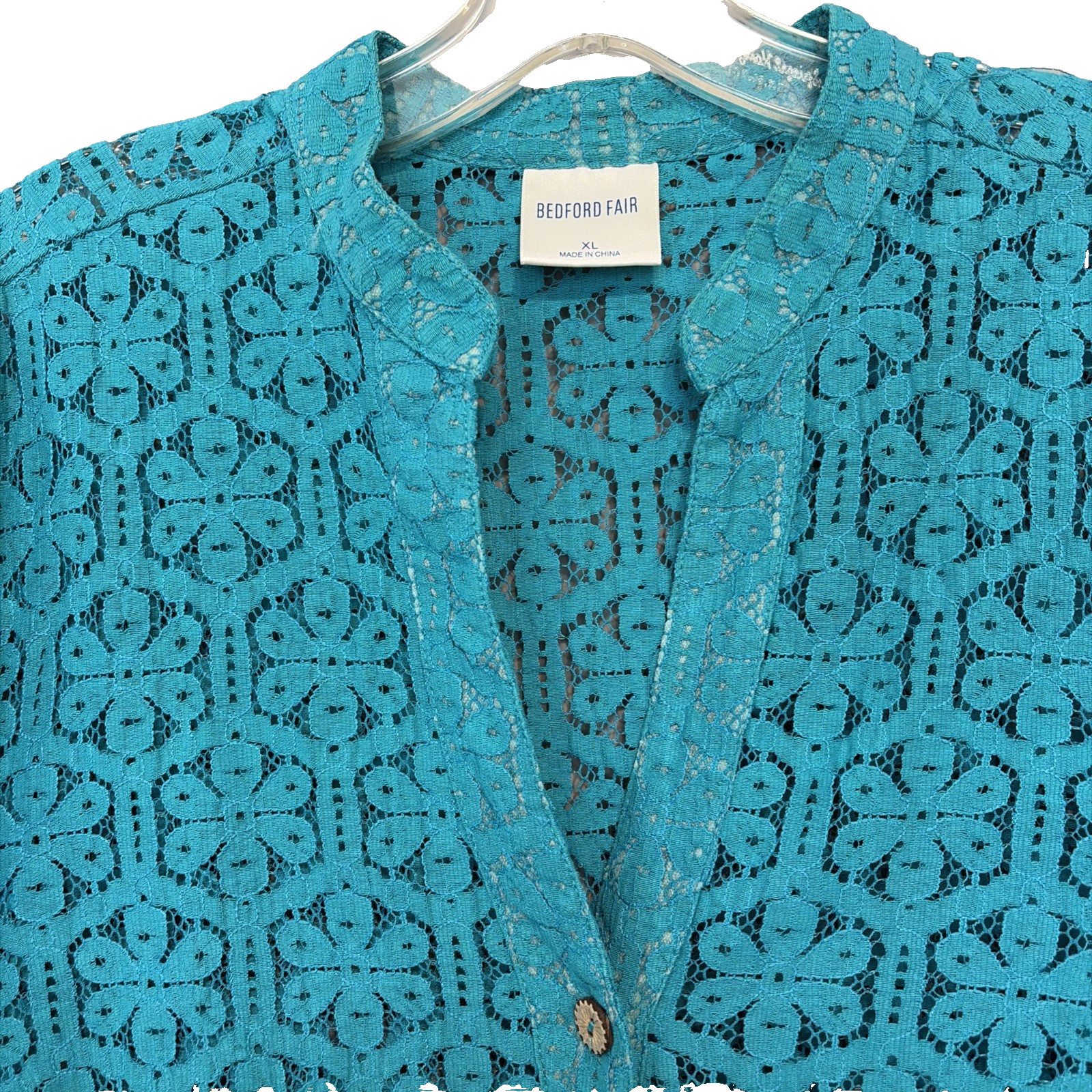Lace Turquoise Jacket Cardigan Blouse Sz XL Bedford Fair Floral 3/4 Cuff Sleeve