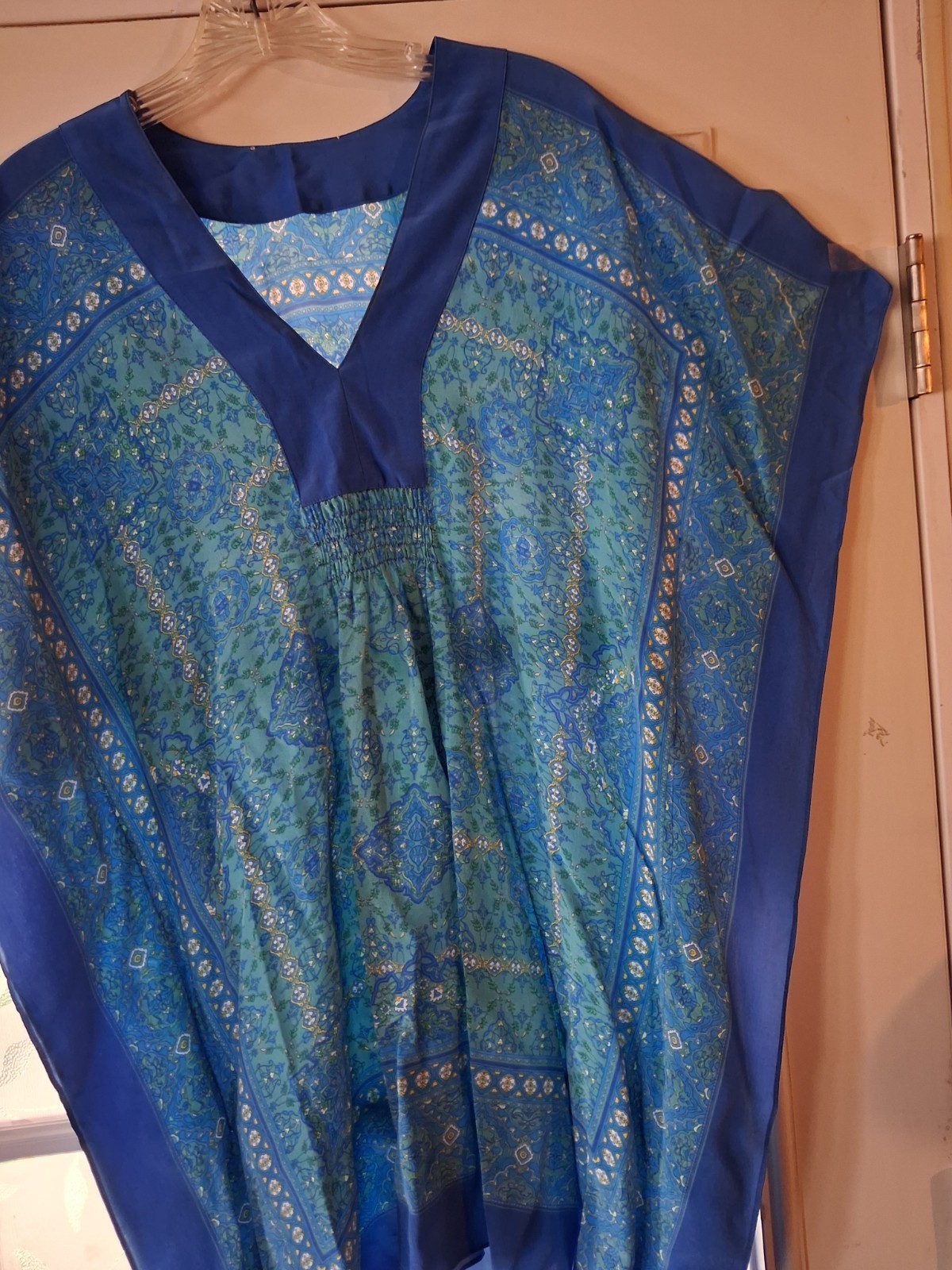 Vintage Silk Short Caftan , Blues, Slip Over, Sz L