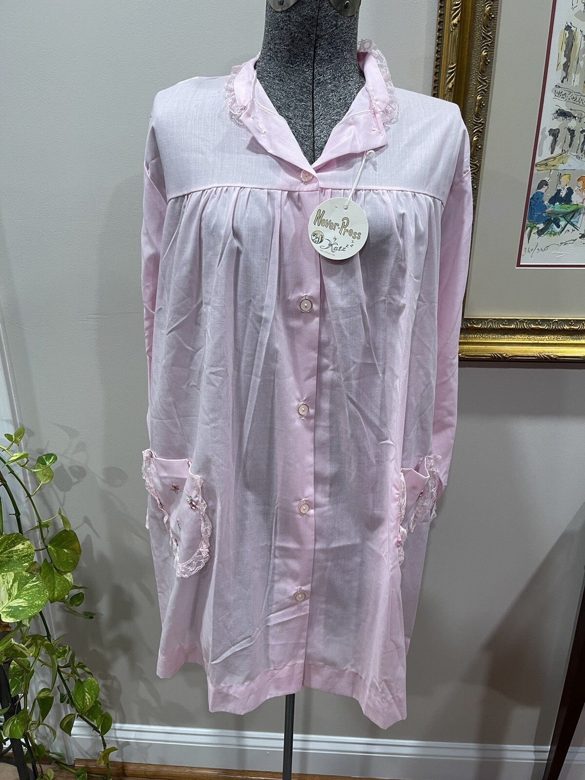 Vintage Katz Coat Never Press-NWT-NOS-baby Pink-embroidered Flowers-vtg Medium