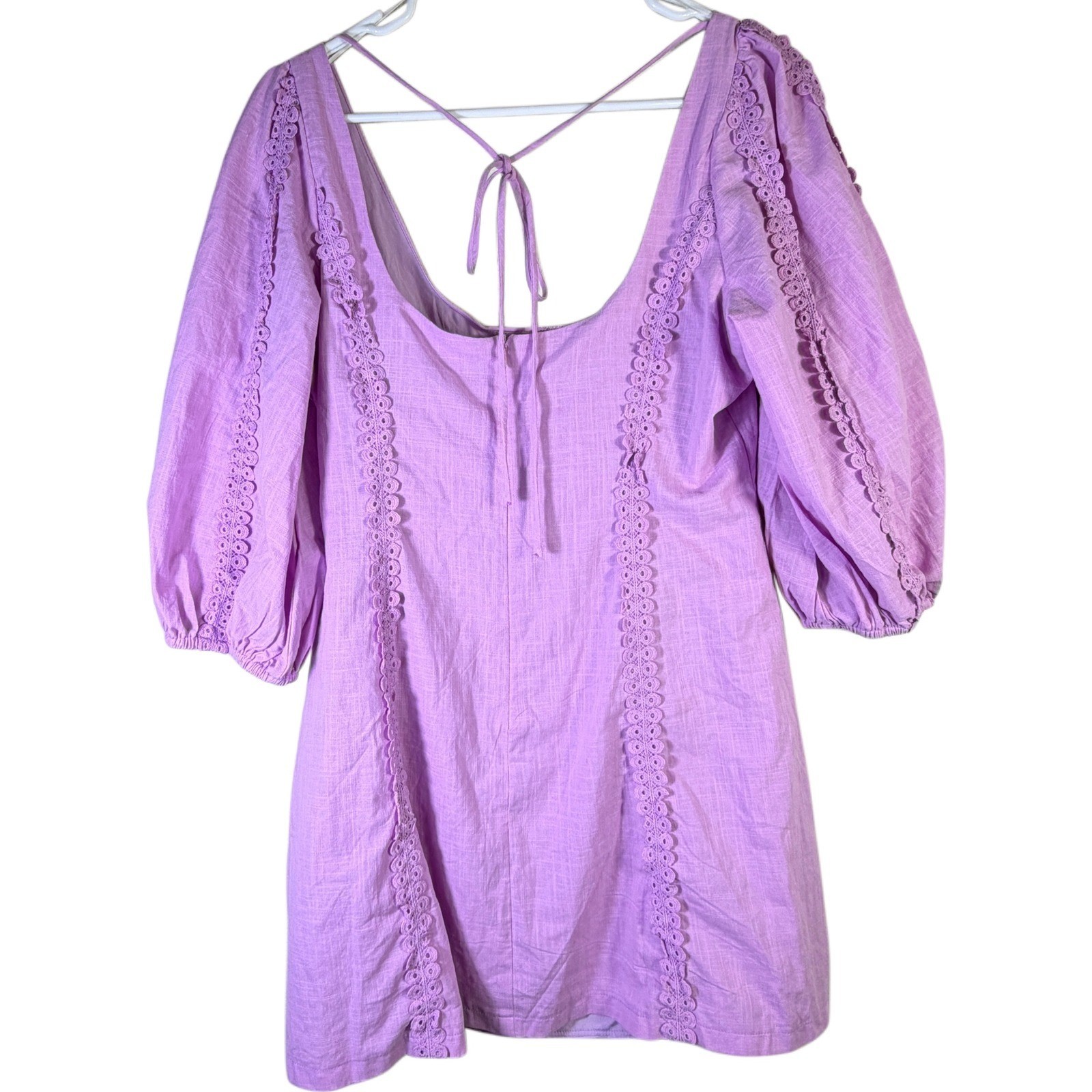 Fortunate One Purple Time Flies Mini Dress Size XL Boho Puff Sleeve Open Back