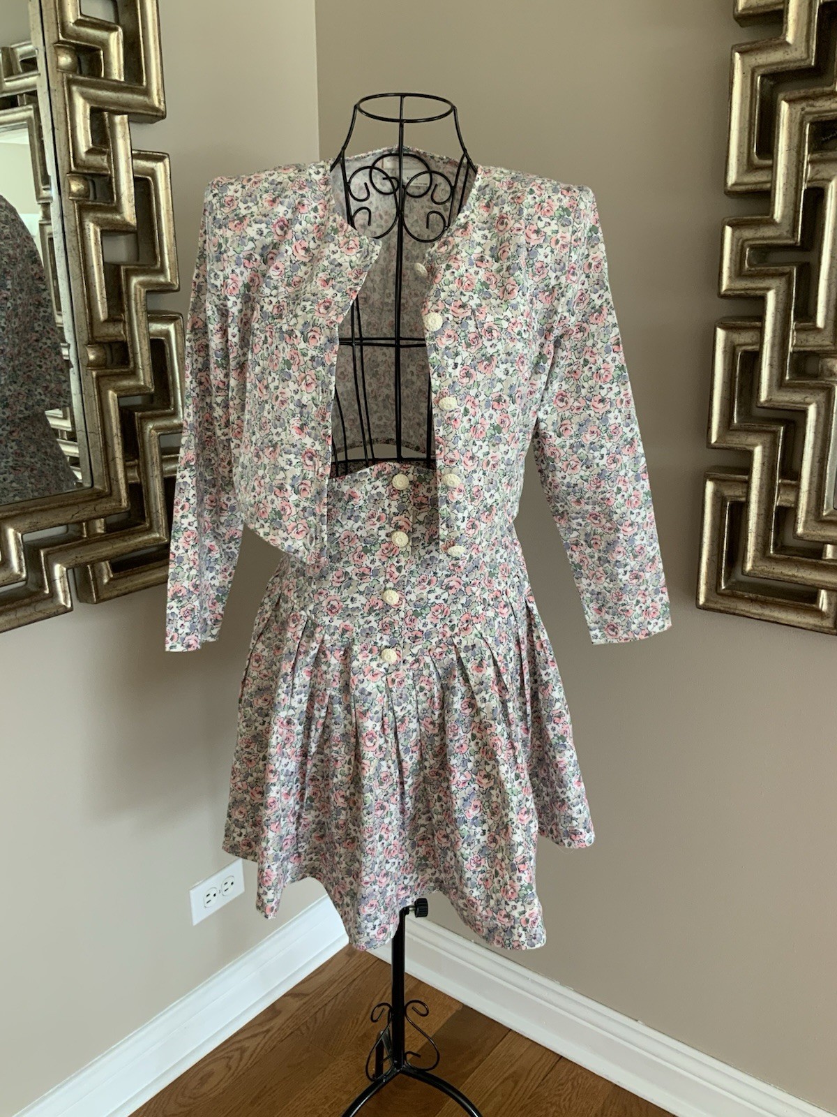 VTG 80s Benson & Smith Two Piece Blazer Skirt Set Floral Print Womens Size 5