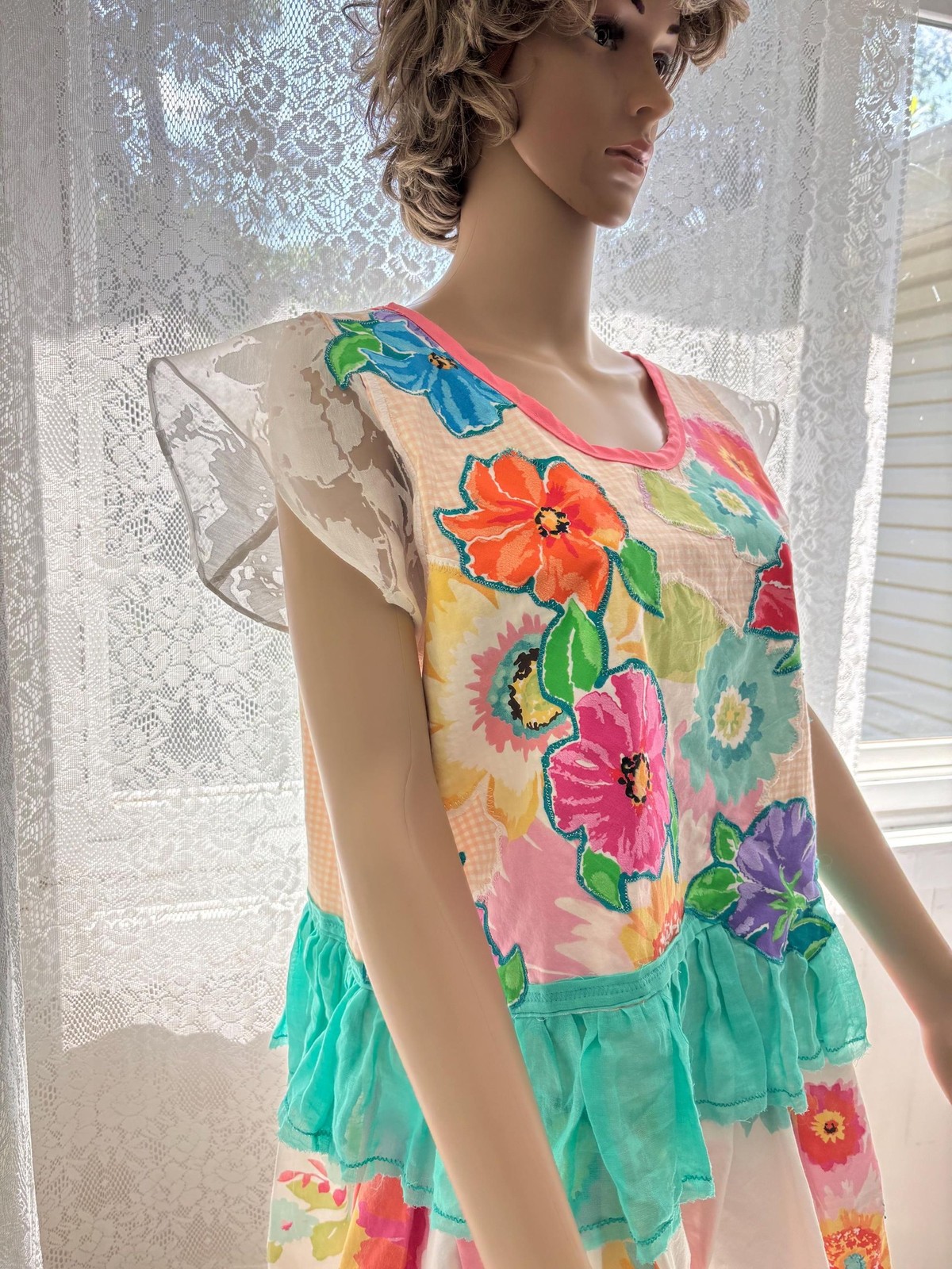 Upcycled Pinafore Dress: Floral Appliques, Lace Trim, OOAK Handmade Tunic