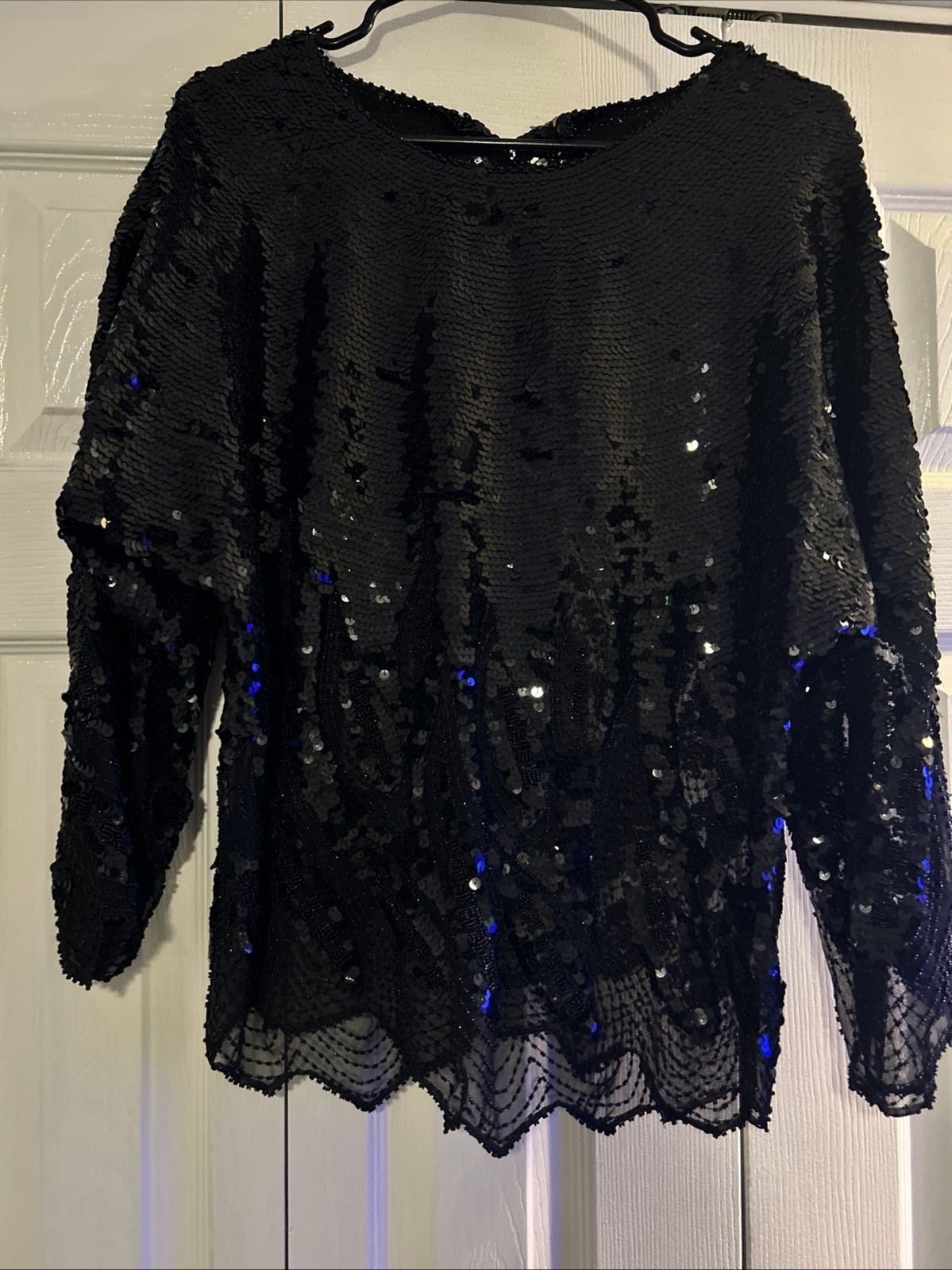 Vintage Oriental Best Quality Brand 80s All Over Sequin Beaded Black Top SZ 42 L