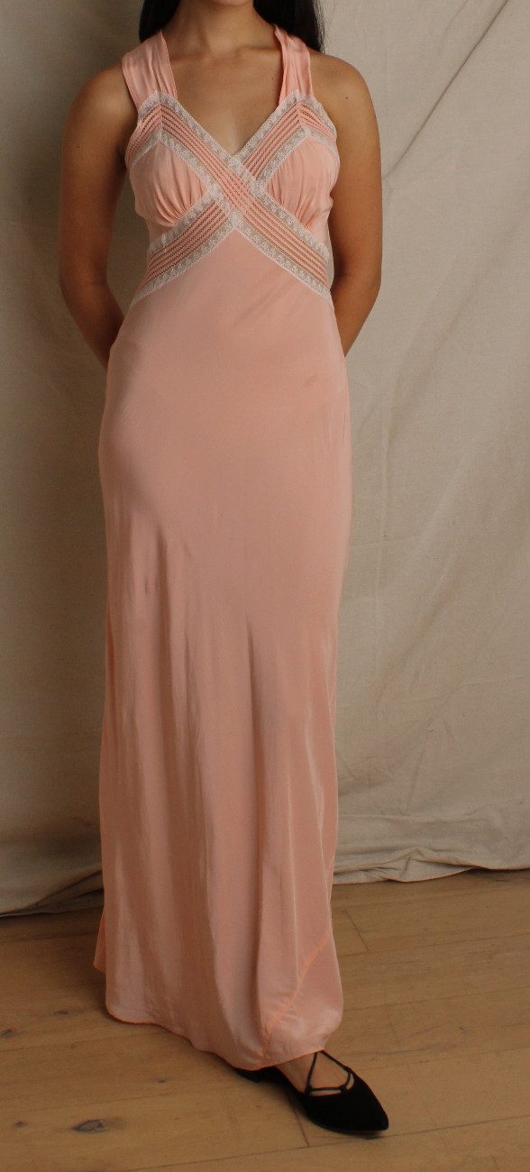 vtg 40s long pink slip dress lace insertion bias cut cross back gown