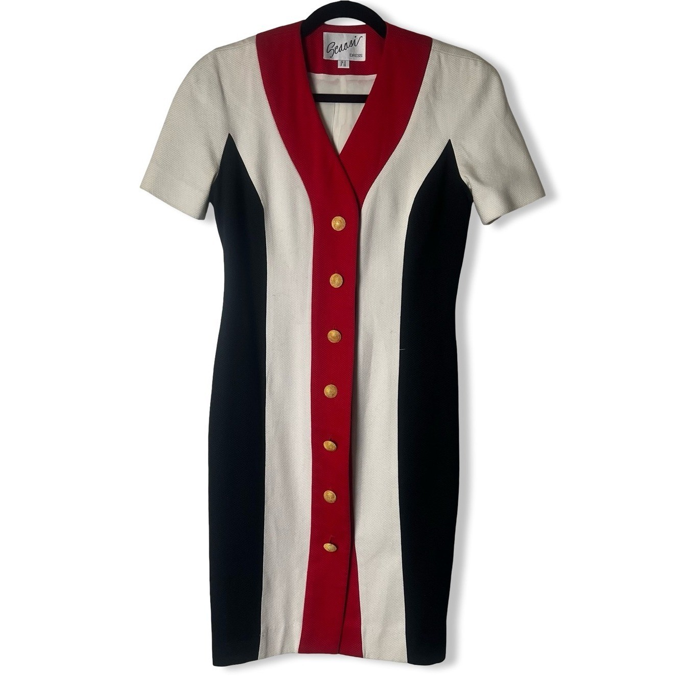 Scaasi Vintage Color-Block Dress Red Black Cream Gold Buttons 90s Sz. 6