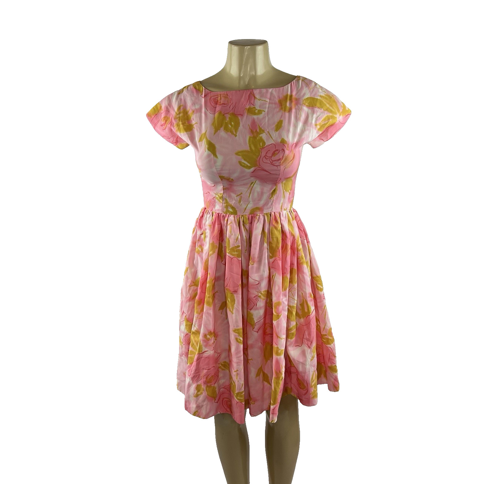 1950s Dress Vintage Pink Floral Rose Print Full Skirt A Line Retro Rockabilly