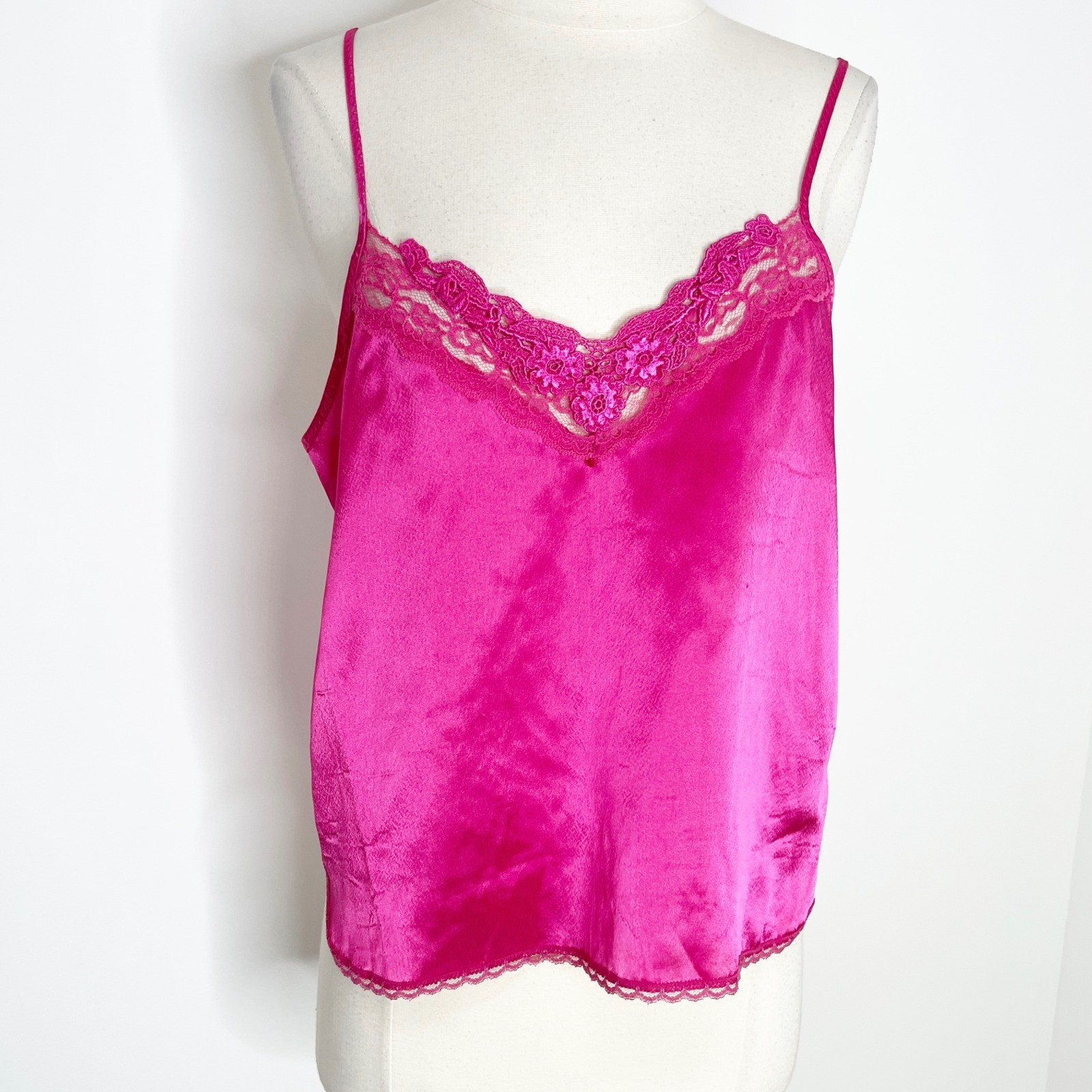 Vintage Hot Pink Satin Lace Trim Camisole Spaghetti Strap Tank Top Lingerie