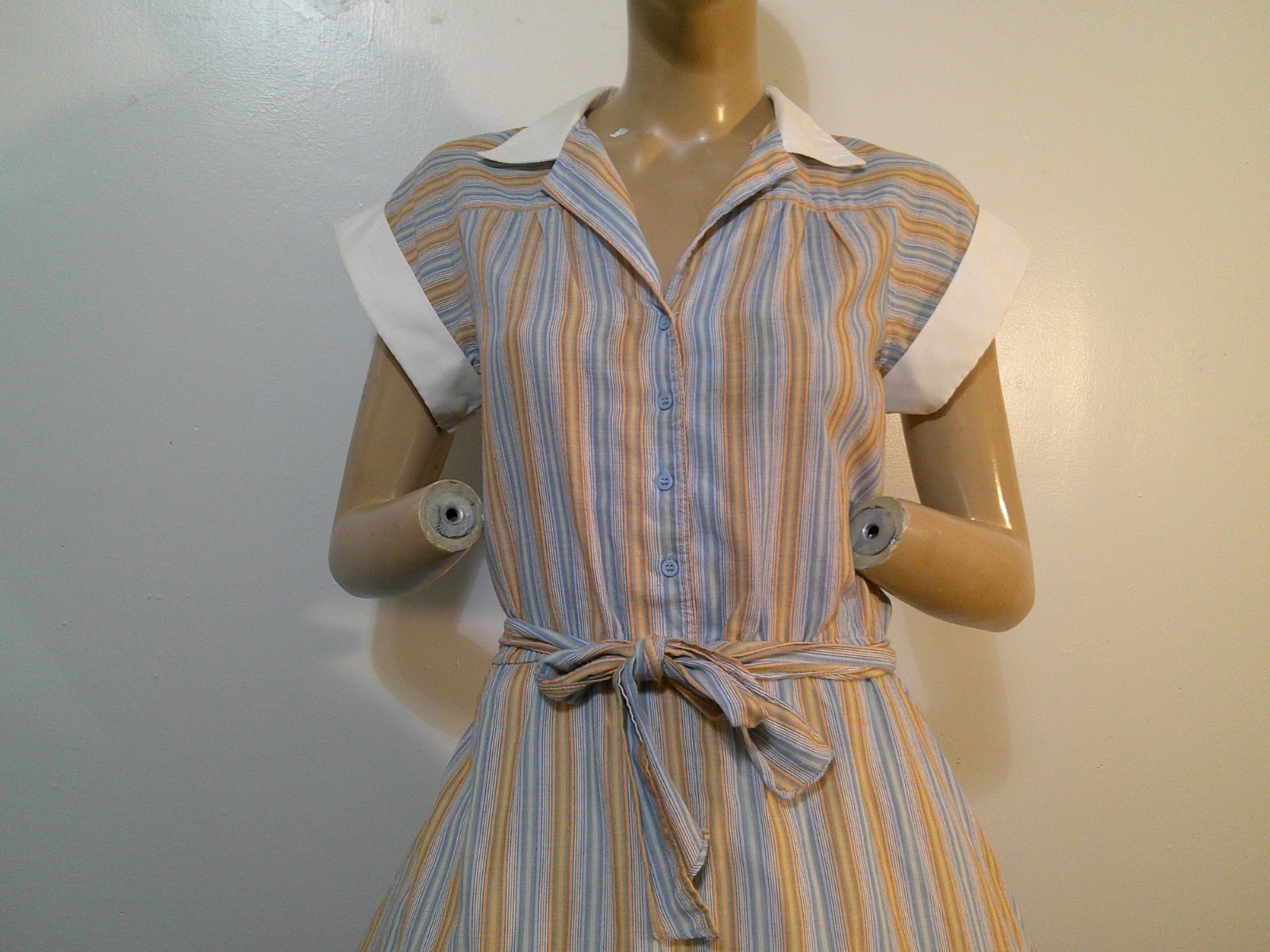 Vtg 70s Does 50s HUK-A-POO Stripe Cottn/Poly Full Sweep Rockabilly Day Dress L