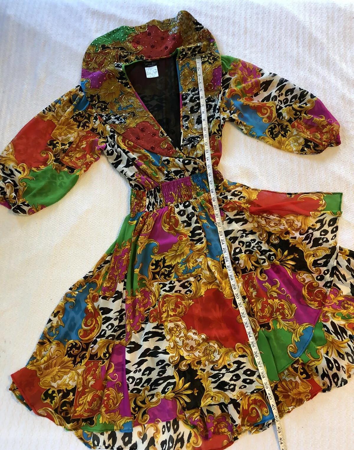 Vintage 80s Diane Freis Beaded Baroque Dress Ruffle Collar Puff Balloon Sleeves