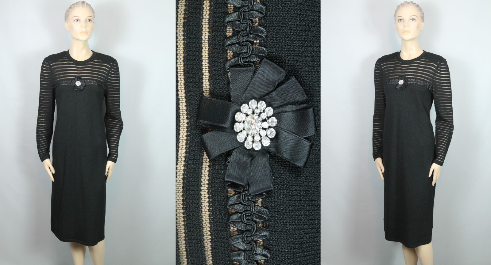 Vtg ADOLFO NY Black Santana Knit Sheer Stripe Dress w/ Jeweled Flower Pin M/L