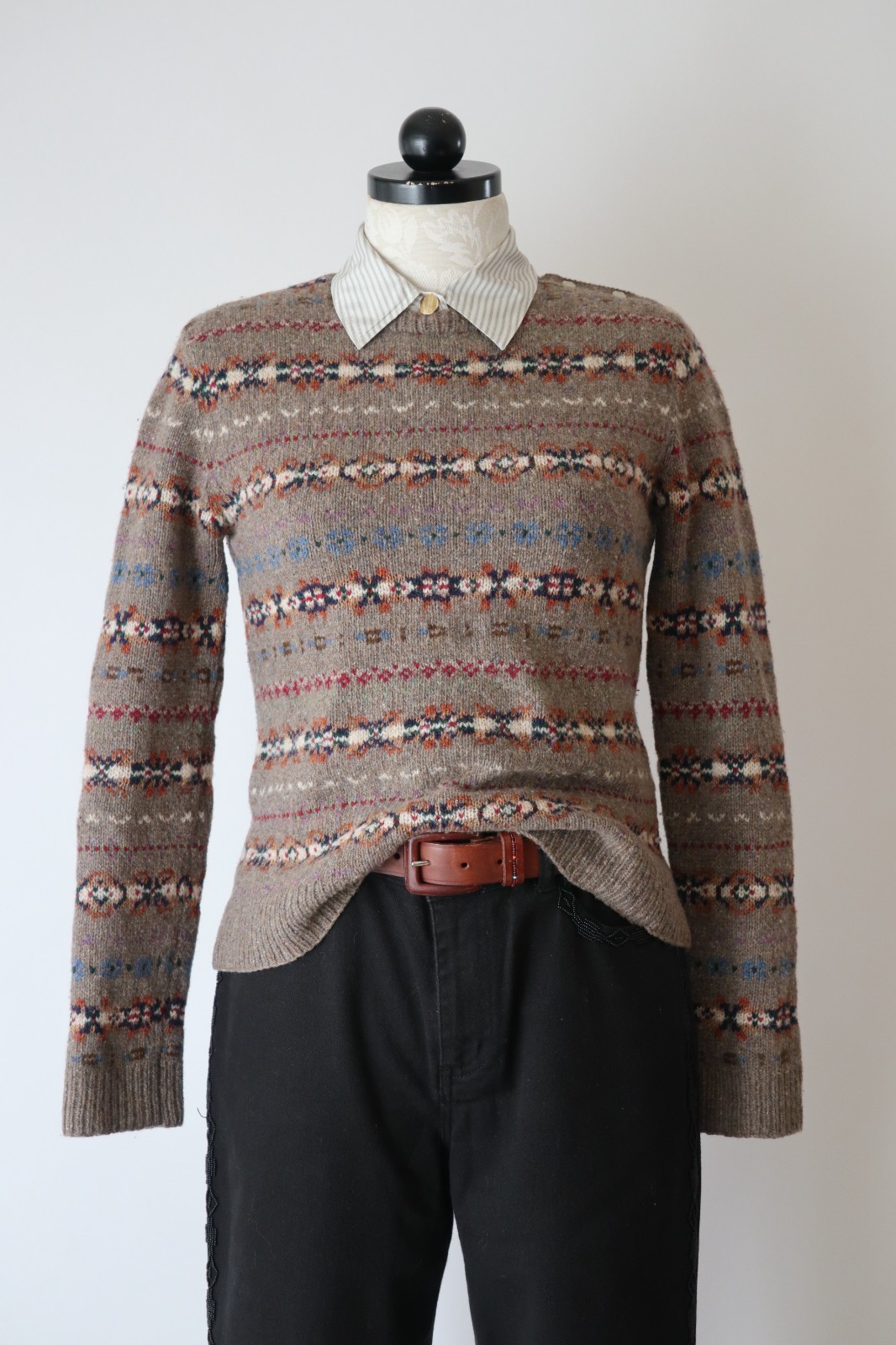 Ralph Lauren Beige Wool Cashmere Fair Isle Crewneck Handknit Sweater Women XS S