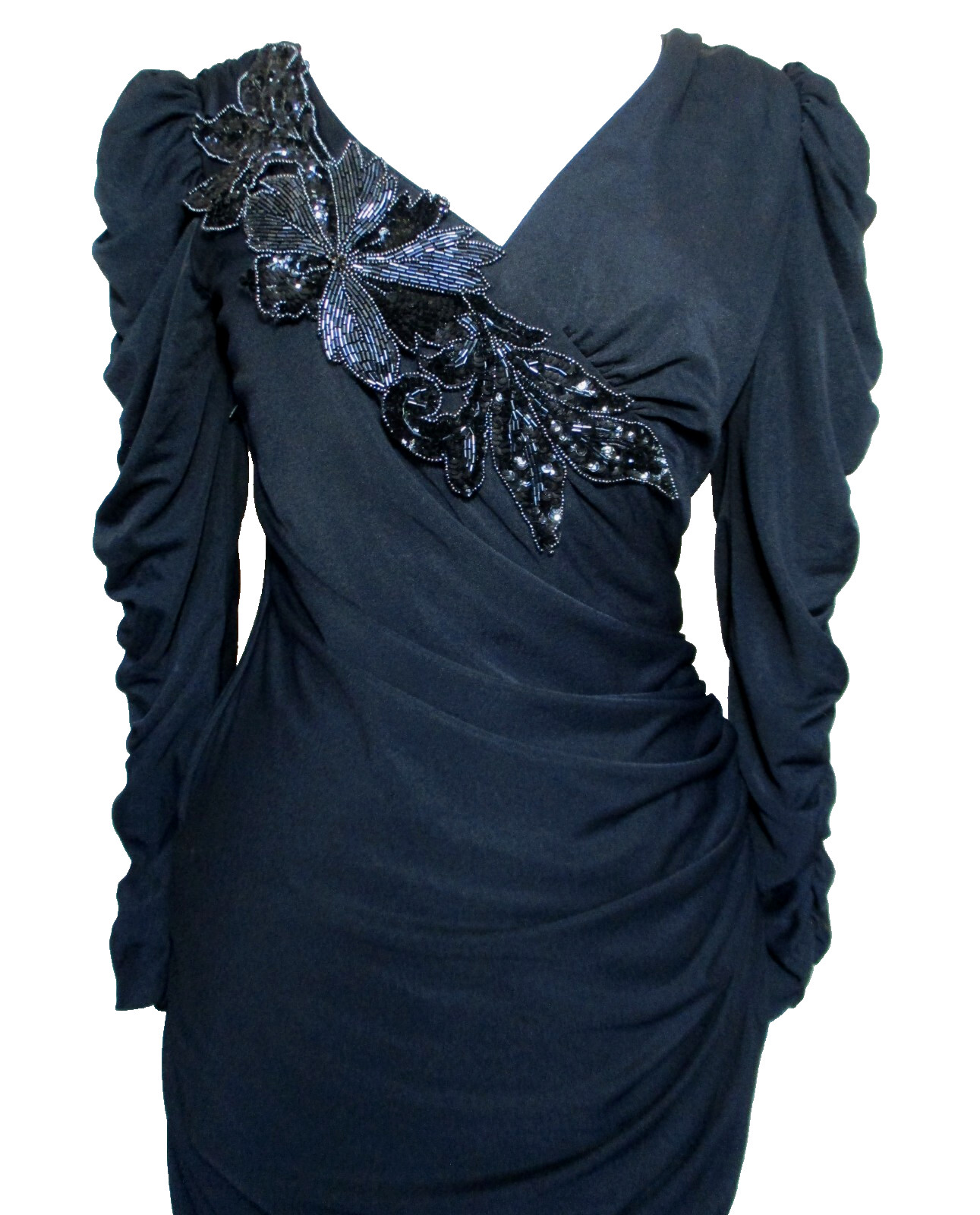Vtg Samir California Dress Fitted Bead Black Strtch Poly V-Neck Ruched S/M Women