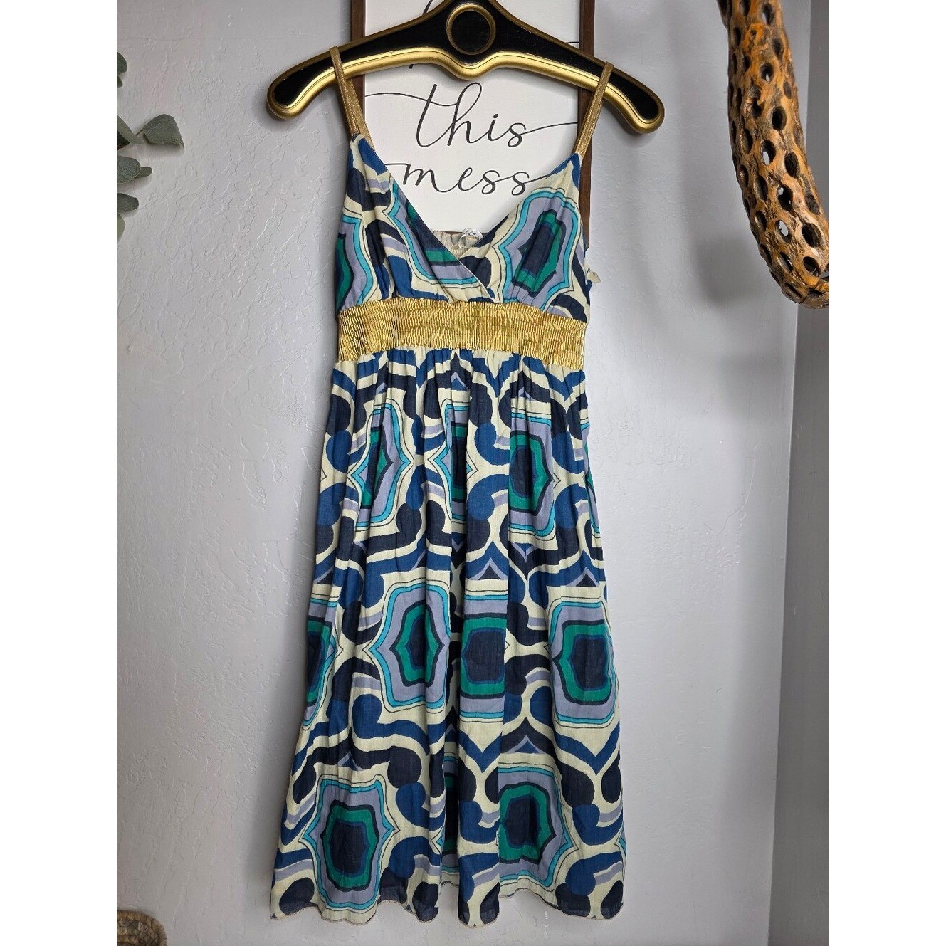 Vintage Derek Heart Green Blue Tile Print Cotton Dress Size Medium