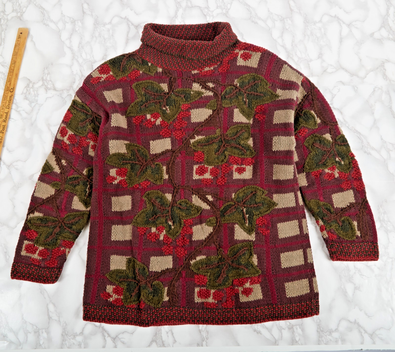 Vintage Express Tricot Wool Blend Floral Damask Mock Neck Sweater Brown XS
