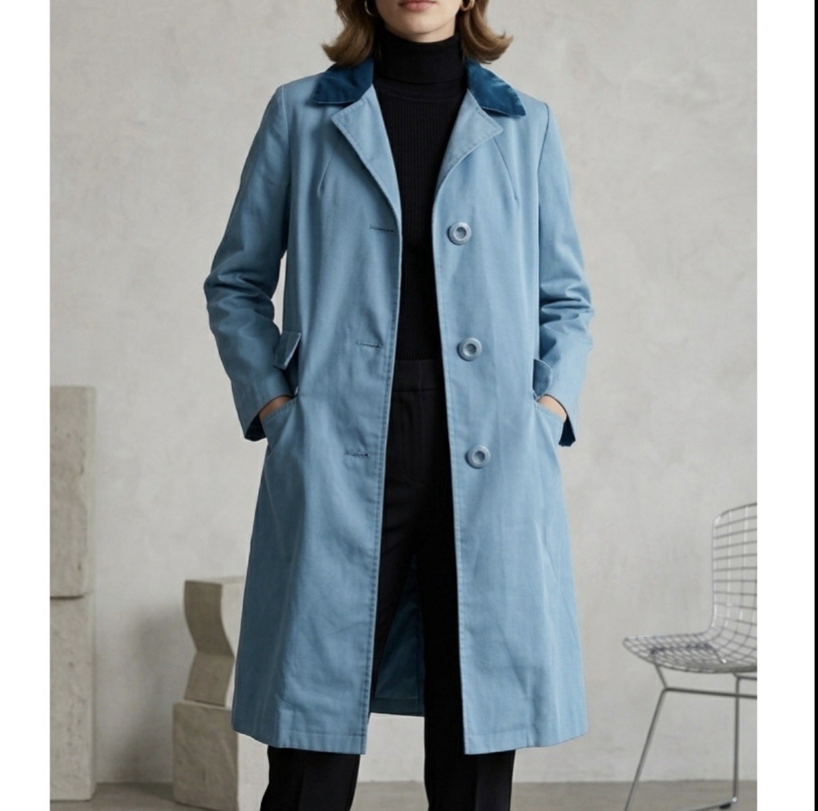 Vintage 60s Sears MOD Trench Coat Womens S Blue Velvet Collar Retro Spy Jacket