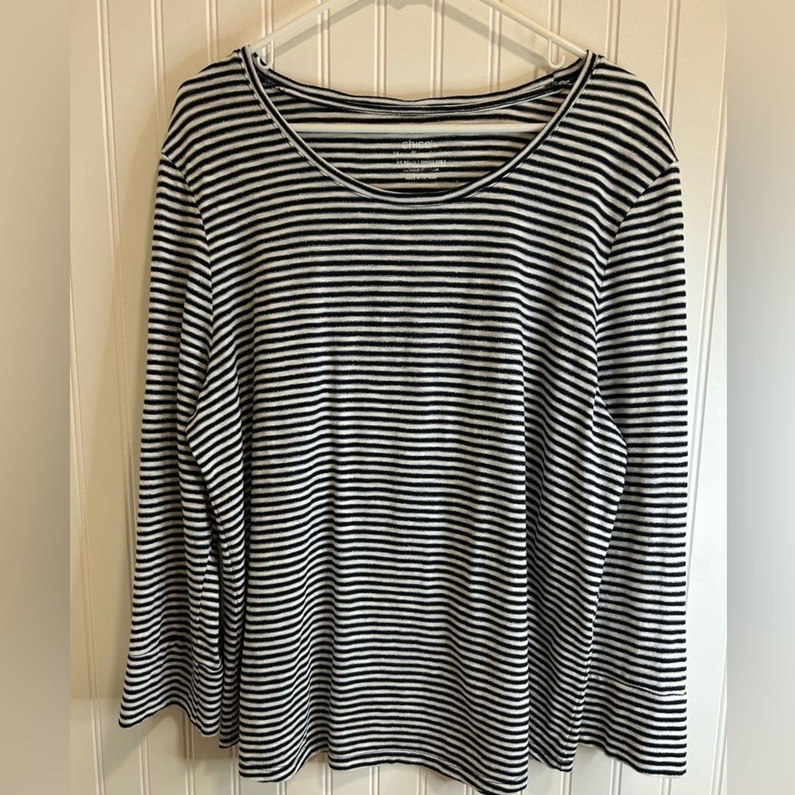 Chico’s women Black and White Striped Top with Metallic Accents.cotton modal .