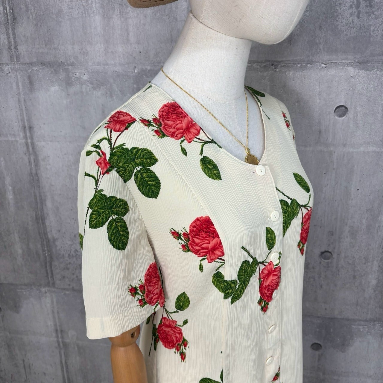 Vintage Ivory Red Rose Floral Maxi Dress Button Front Cottagecore Romantic 90s