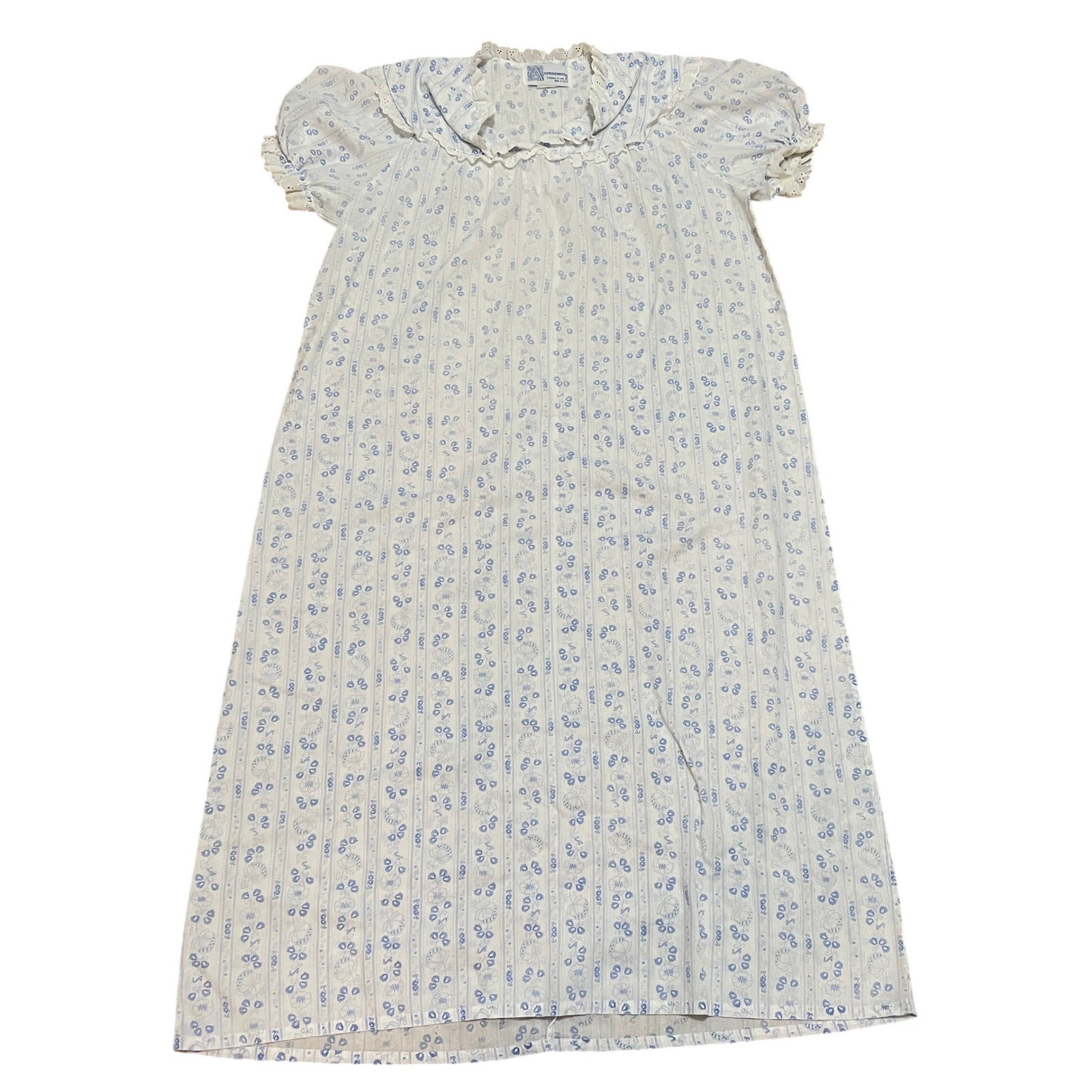 Vintage Accentuette Lanz Cottage Nightgown Blue White Floral Stripe Eyelet Lace