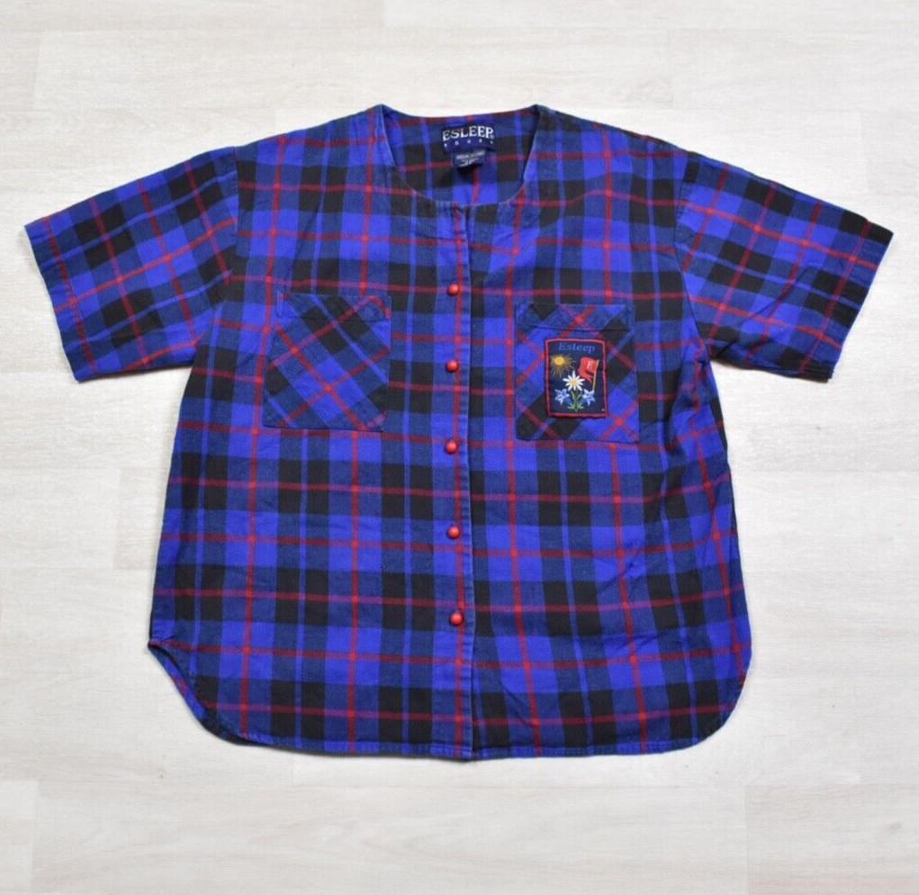 90s Esleep Blue Plaid Cotton Flannel Pajama Top Medium VTG 1990s Missing Button