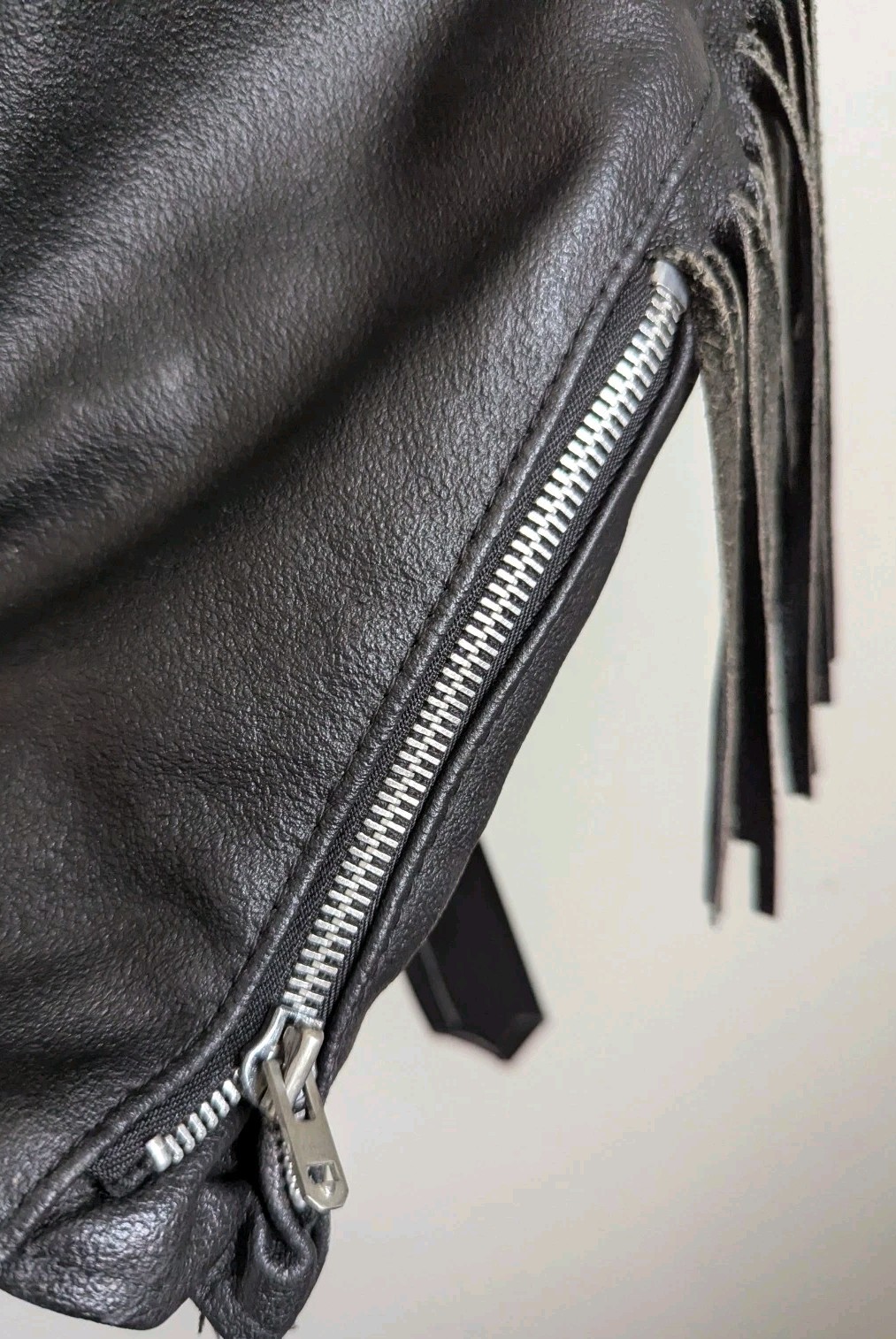 Vintage 60s Sears Black Leather Biker Moto Jacket Belted Fringe Womens S M Punk