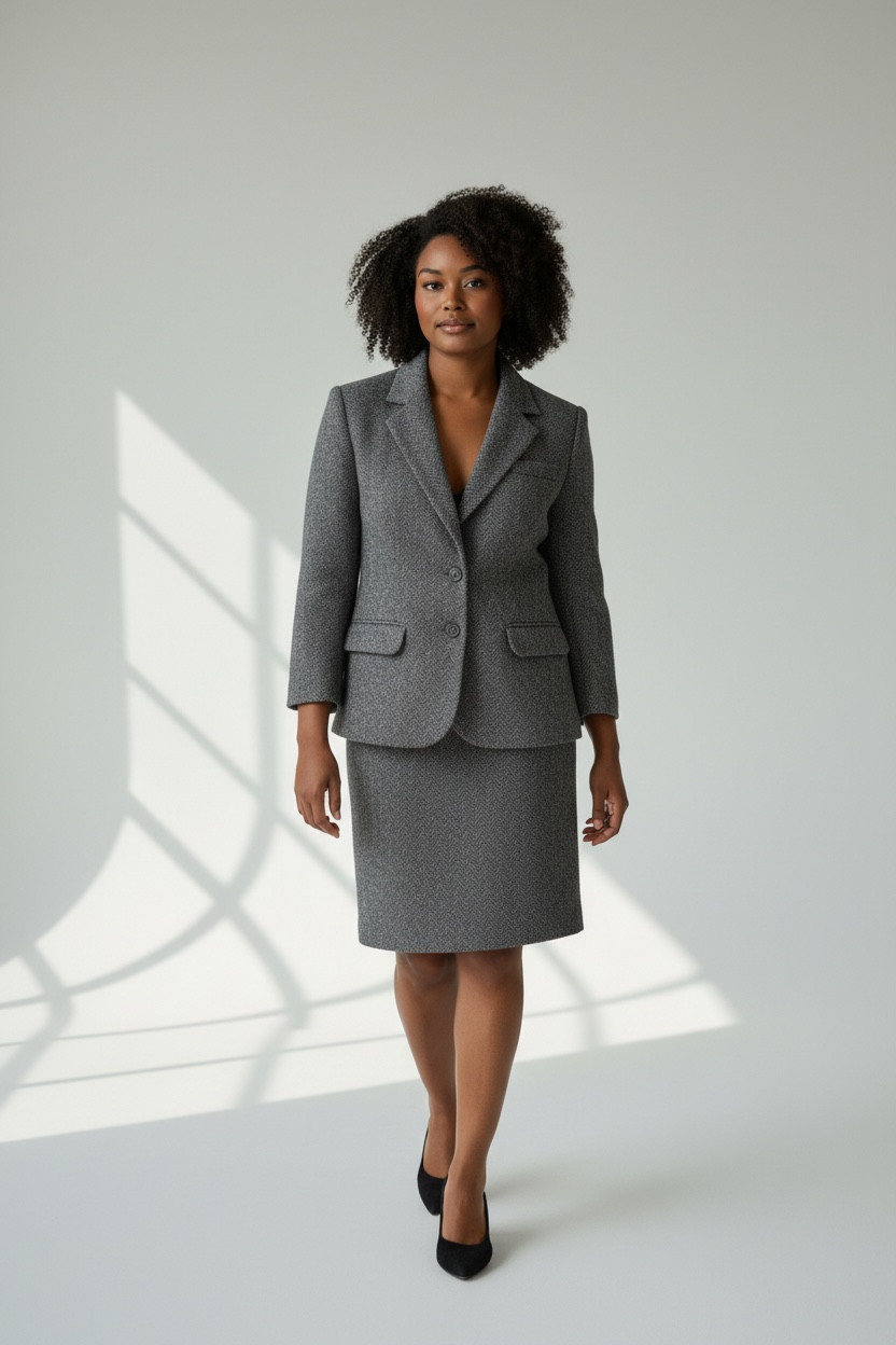 Vintage Barclay Square Gray Herringbone Wool Blend Skirt Suit Set 12 Academia