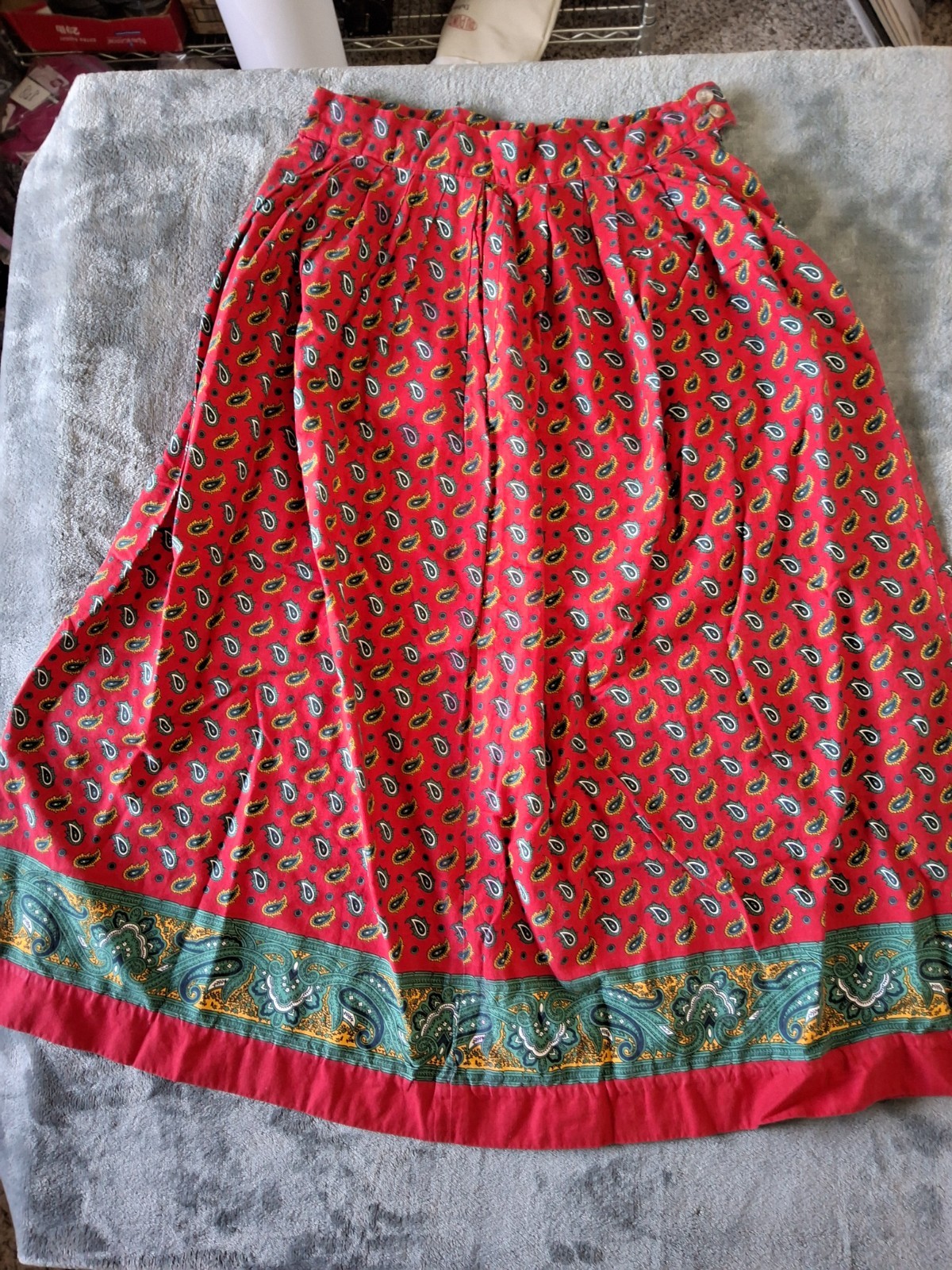 Vintage Ruff Hewn Red Paisley Corduroy Midi Skirt Womens 14 Made in USA Pleated