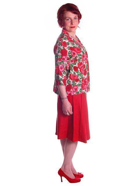 Vtg 50s Red Linen Skirt Printed Jacket Set Salon Lentheric John of California S