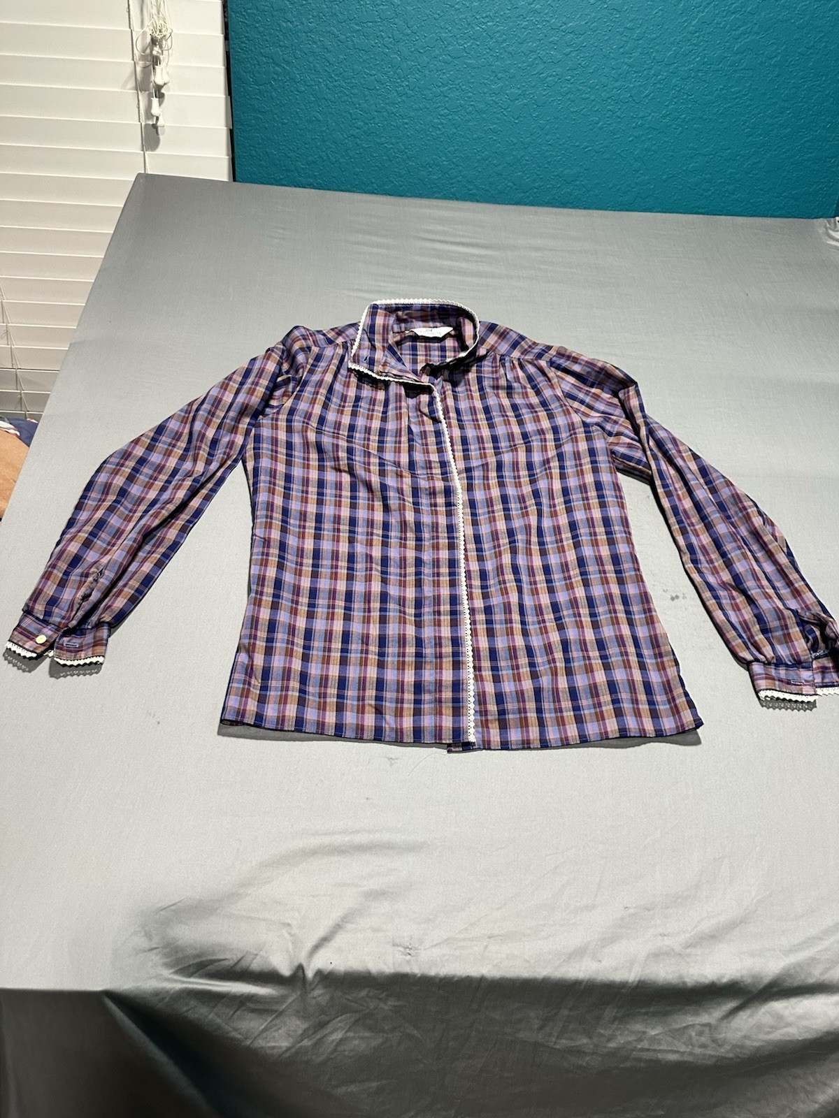 VTG 70s Sweetbriar Purple Plaid Button Up S/M Cottage Grandma