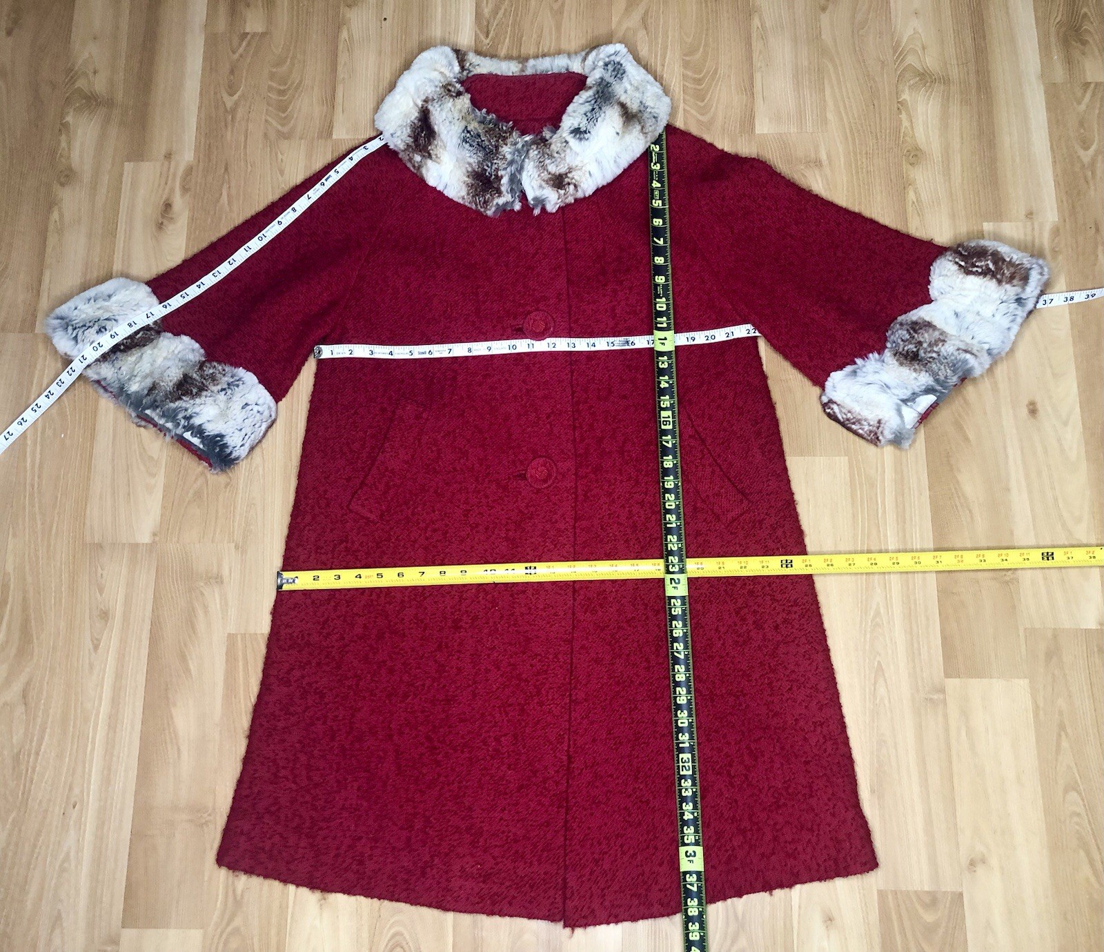 Vintage 1950s Red Nubby Boucle Swing Rockabilly Fur Trim Coat Med/Large
