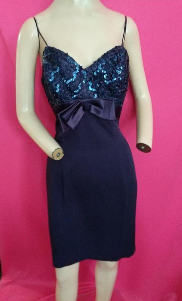 1980’s VINTAGE NAVY BLUE SHORT SHEATH SEQUIN TRIM DELARU DRESS-36″ BUST