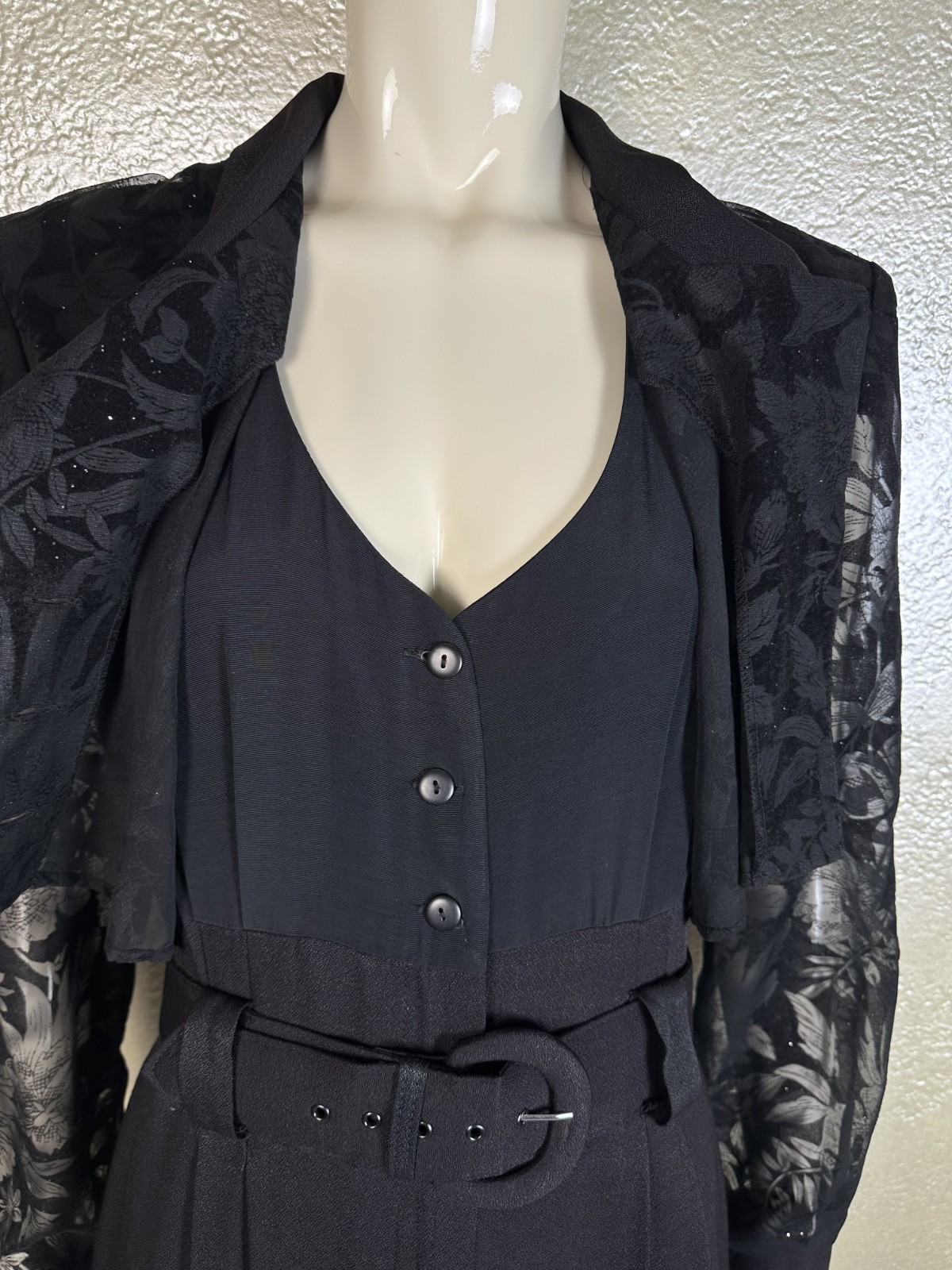 Vintage 1990s Ladies MENU Black Jumpsuit Sheer Sparkle Belted Goth S/M