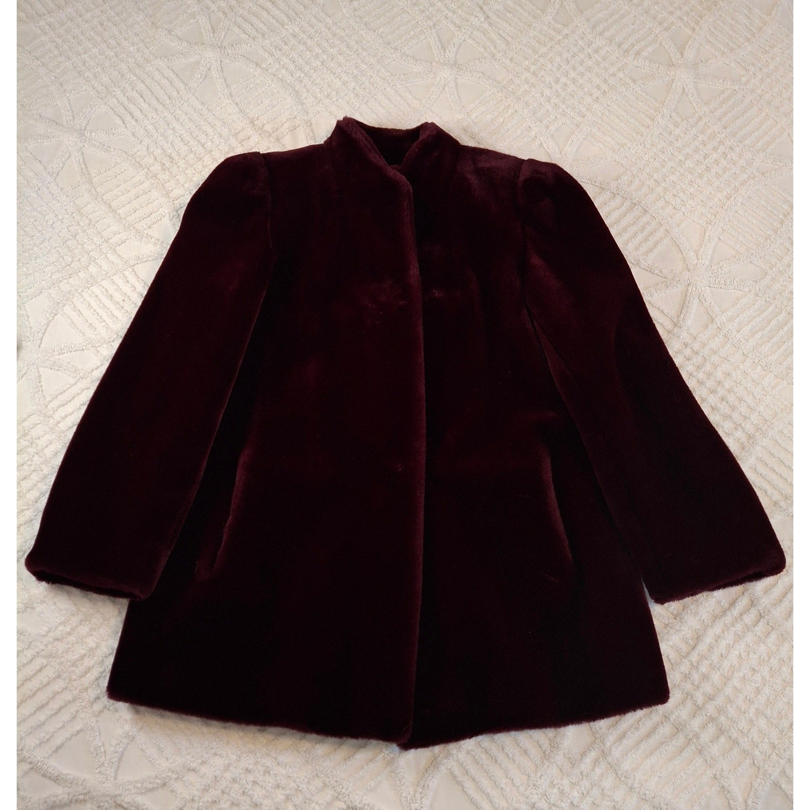 Vintage Sasson Medium Burgundy Faux Fur Coat Glenoit Made in USA Wine Red Glam