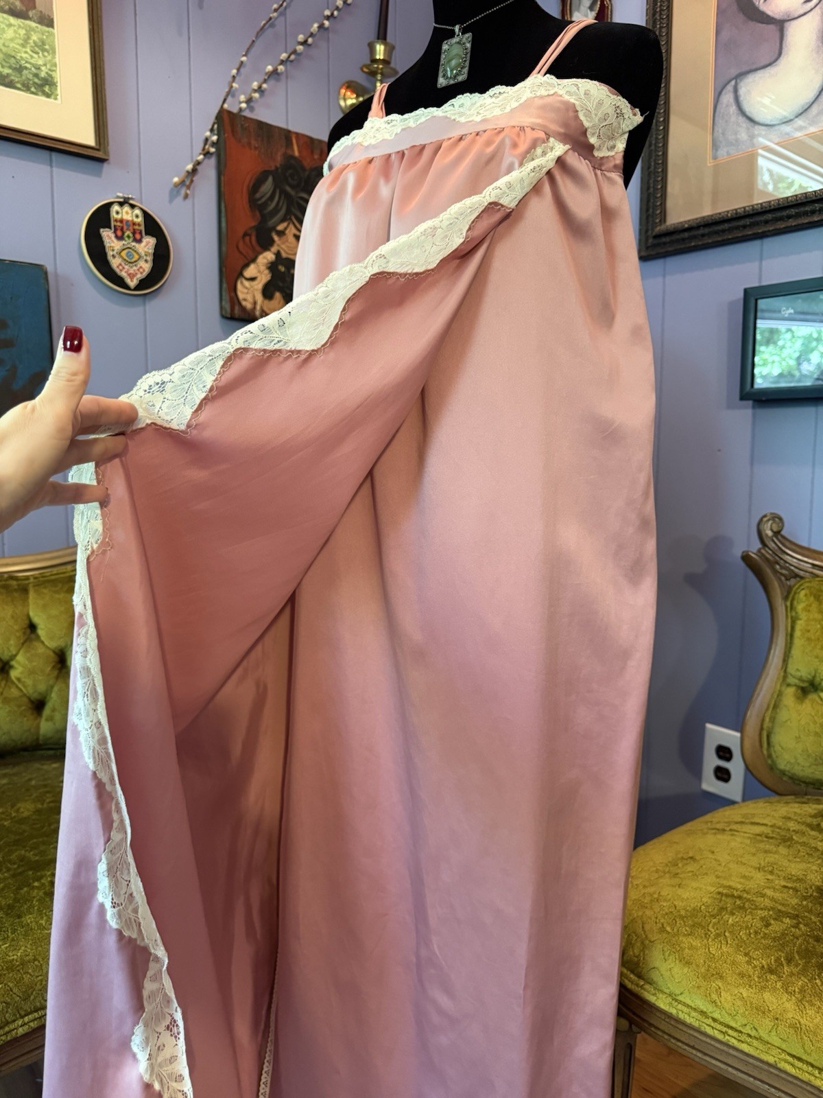 Vintage Corhan Noumair Pink Lace Nightgown Lounge Dress Slip Dress Size Small