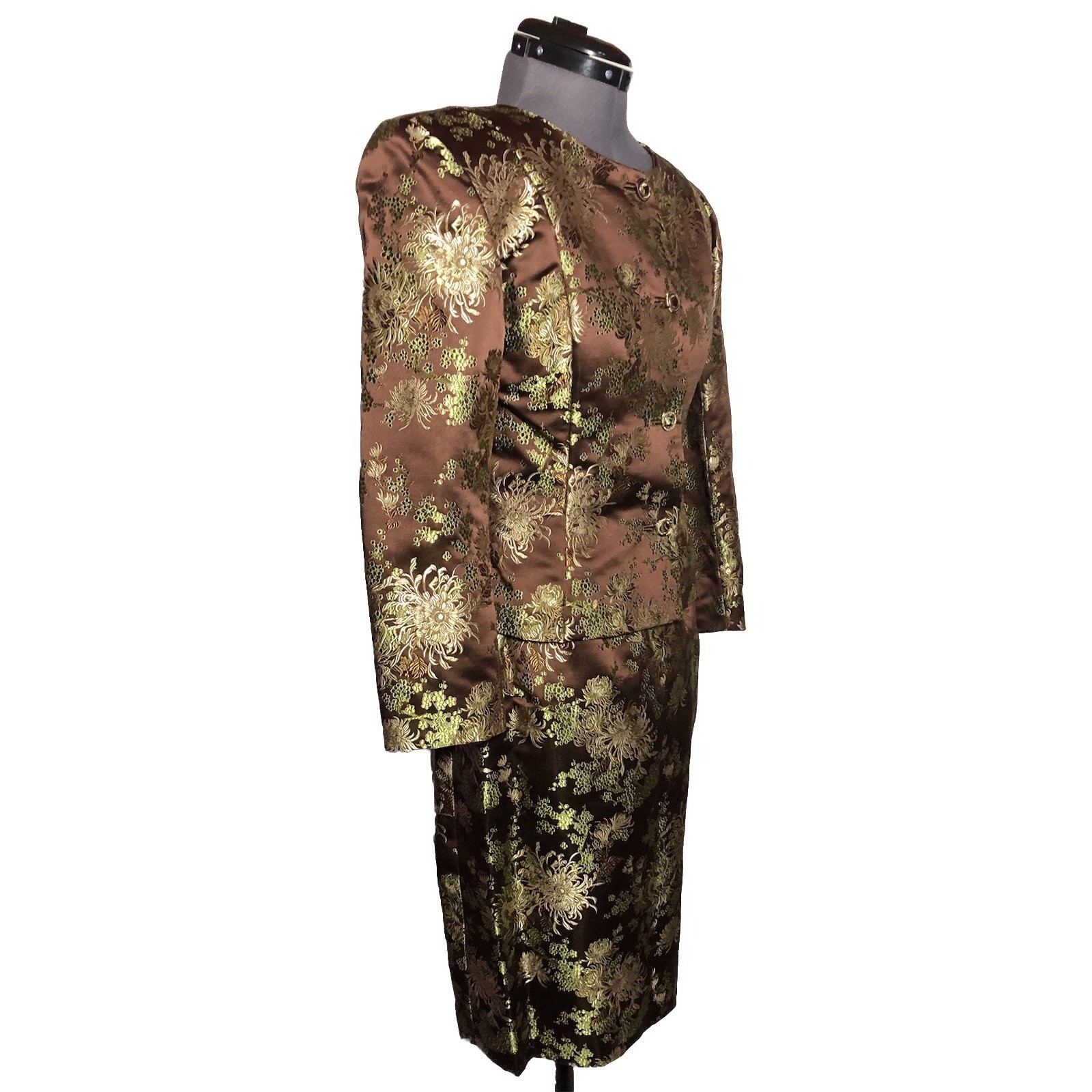 Vtg 70s 80s Brown Brocade Skirt Suit Metallic Floral XS S 2–4 Jacket Skirt Set