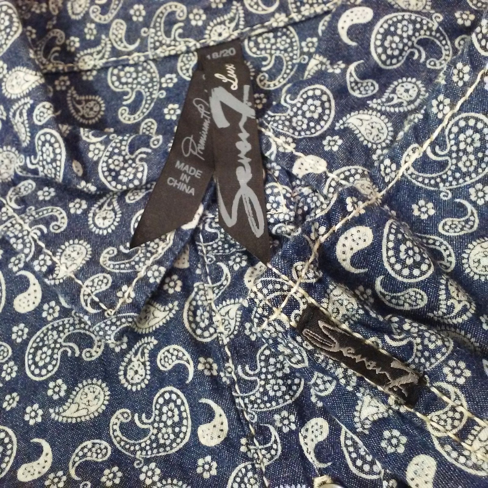 Seven7 Luxe Top Shirt Plus(18/20) Paisley Chambray Cotton Pockets Button-up Navy