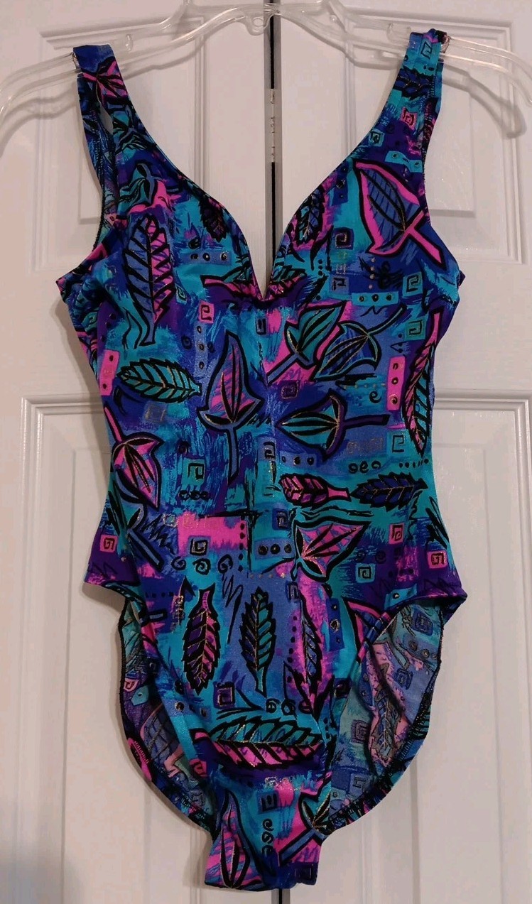 Vtg Jantzen One-Piece Swimsuit, Size 8, Colorful 80s Design, USA, Teal, Purple