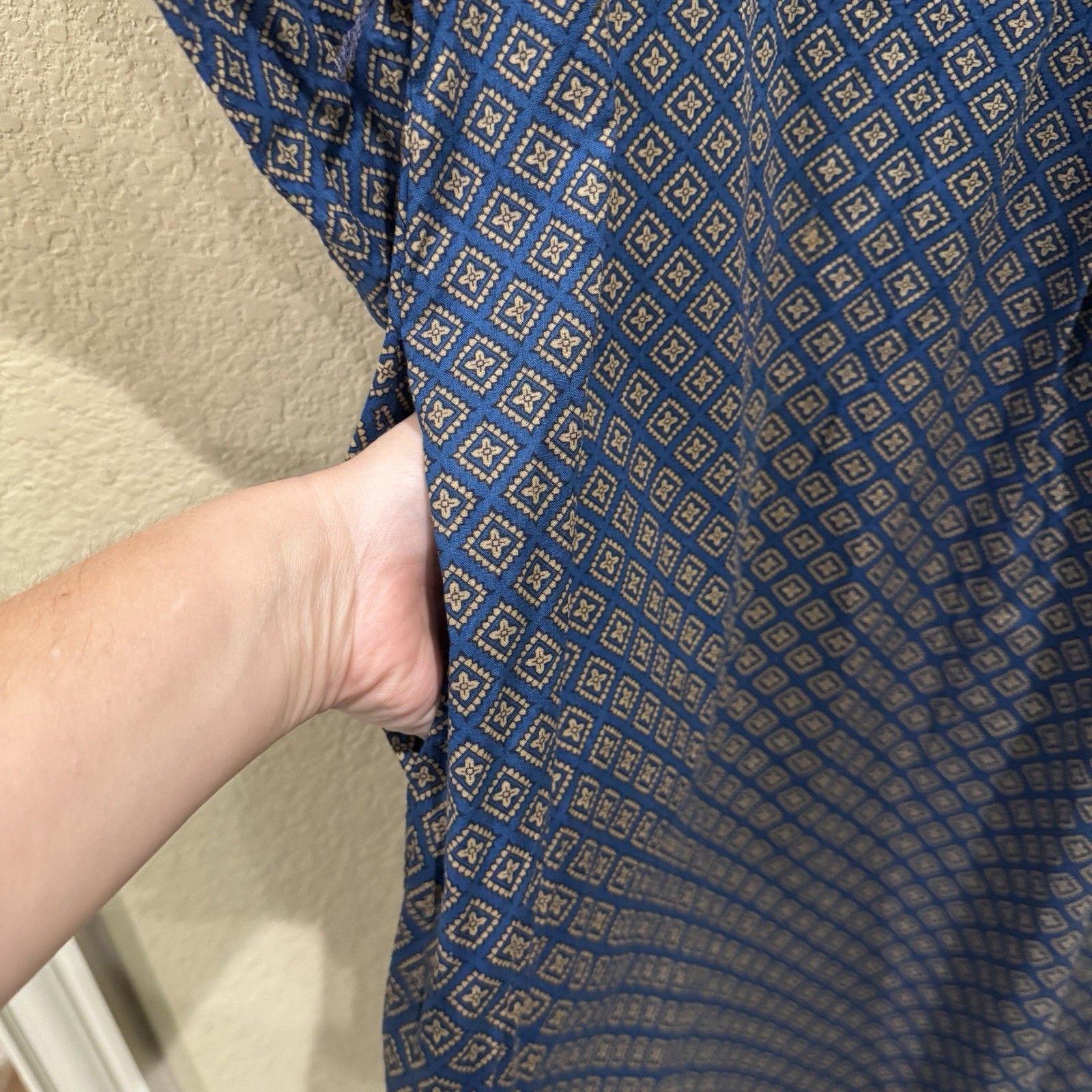Vintage Leslie J USA Dress Blue Cream Print Balloon Sleeves Pockets Sz 11/12