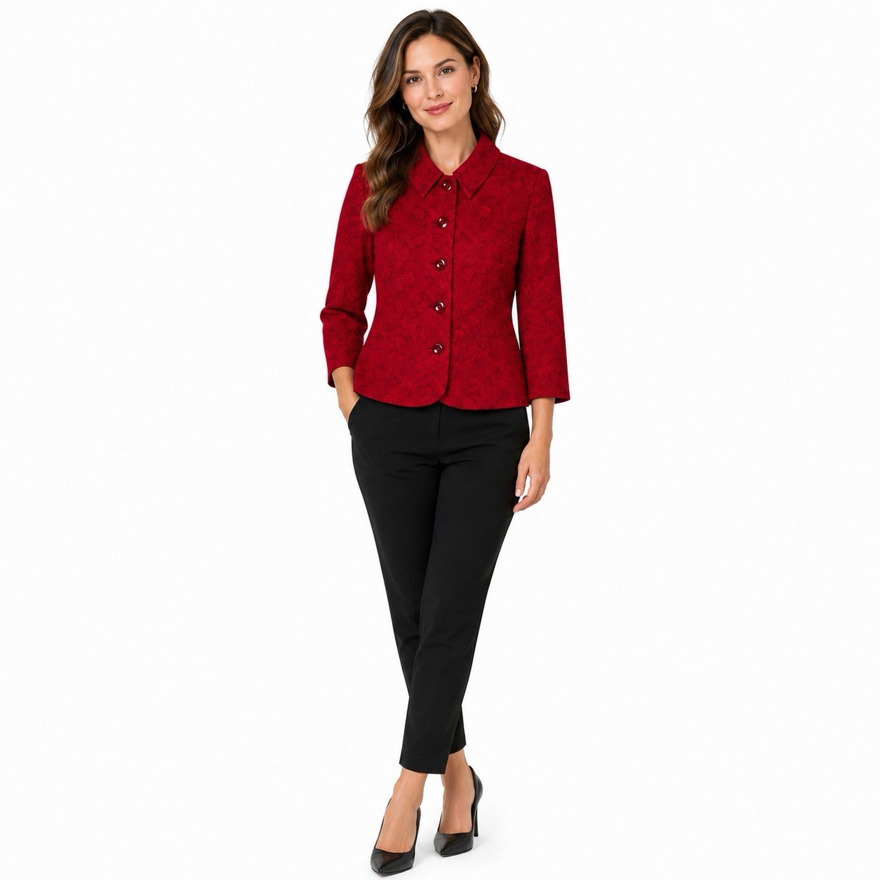 Miss Dorby Petites Red Floral Jacquard Jacket 10P Vintage 90s Blazer