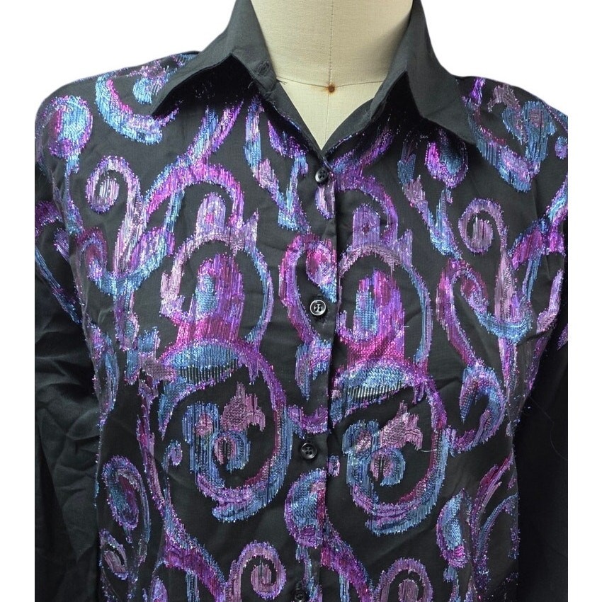 VTG 1980s Jeri Marque Metallic Scroll Blouse Black Purple Teal Button Down