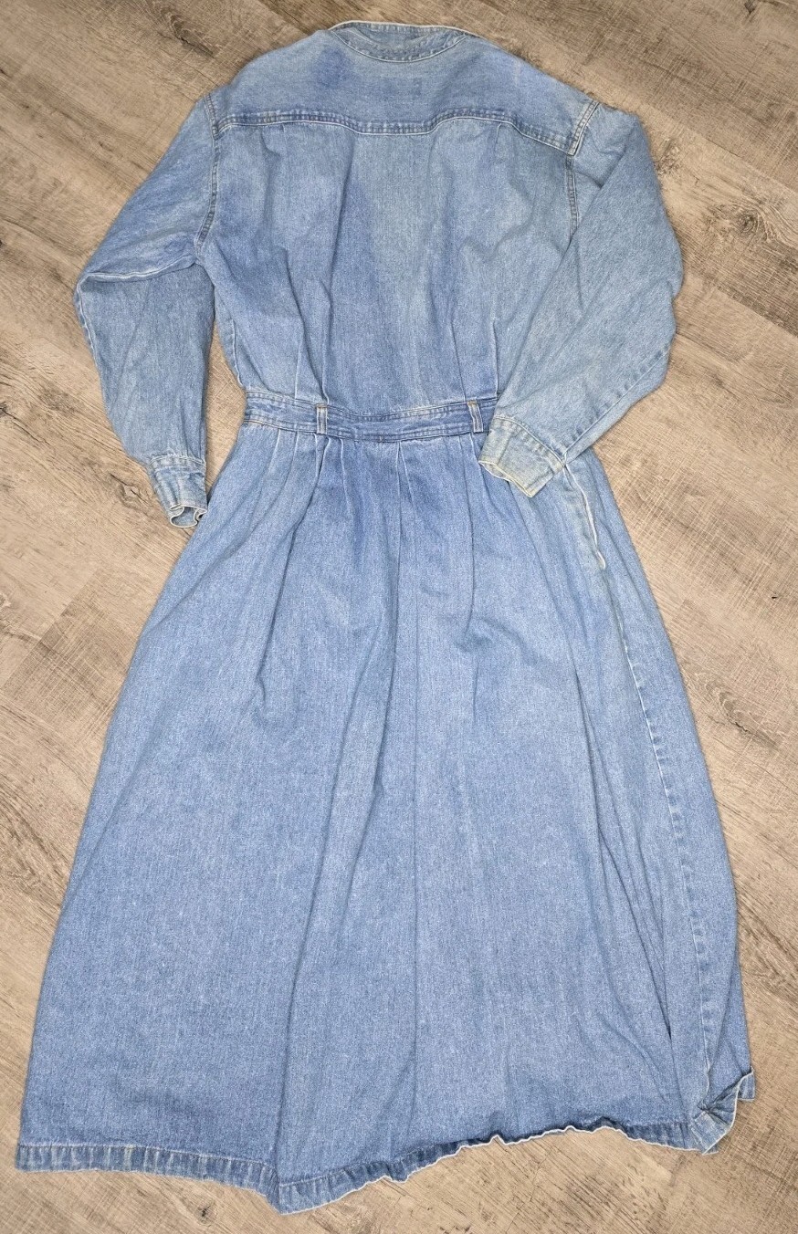 Vintage Susan Bristol Denim Midi Button Front Cinched Waist Long Sleeve Dress S