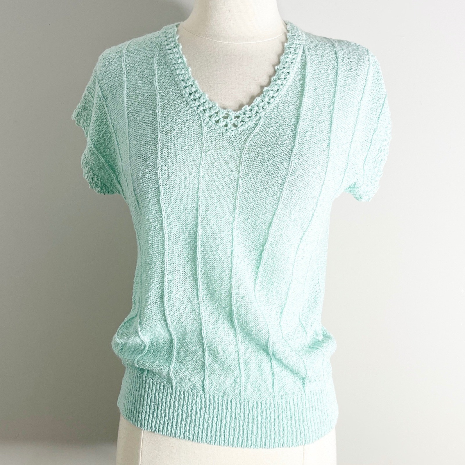 Townhouse Vintage Grannycore Mint Green Knit V-Neck Short Sleeve Top Medium